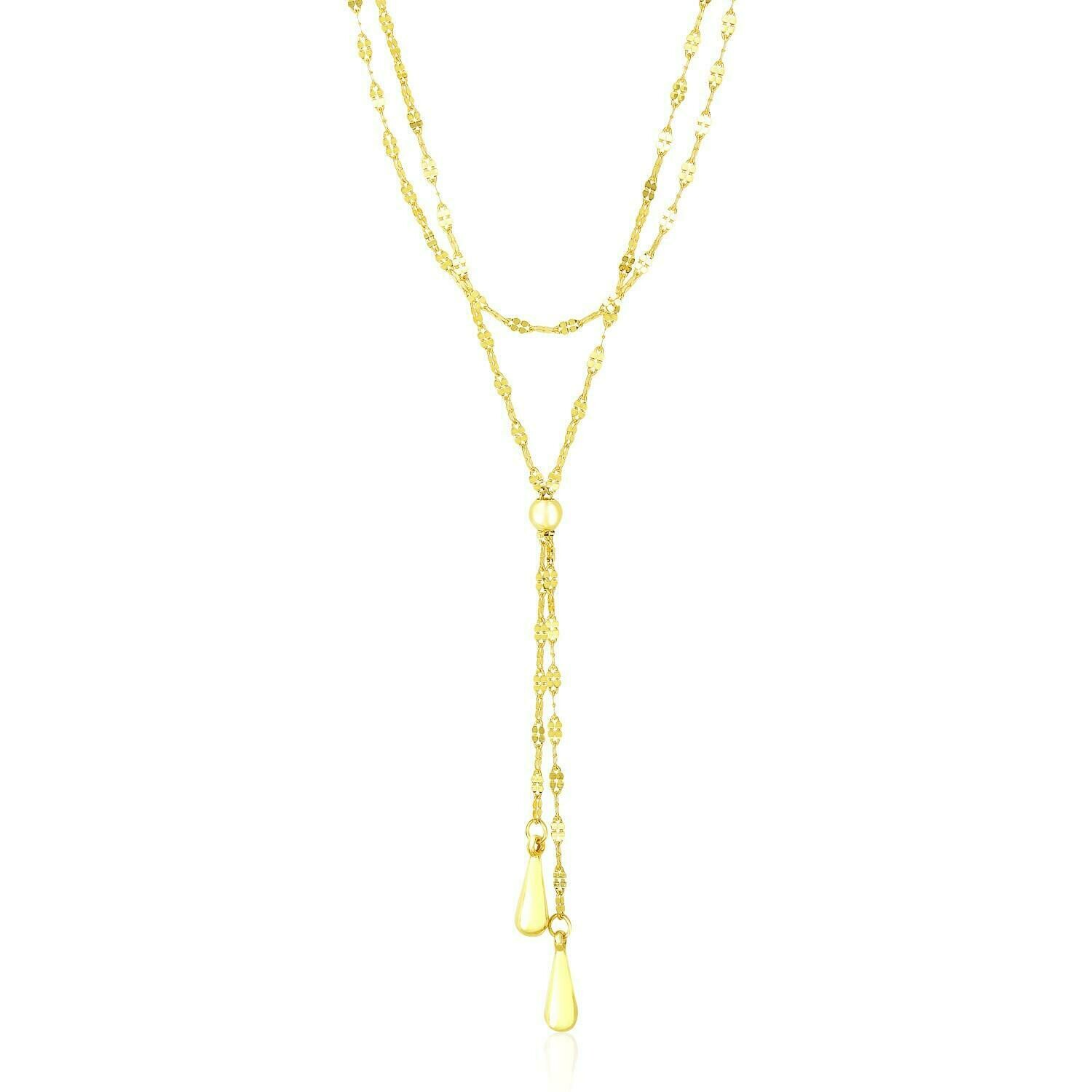14k Yellow Gold Double Strand Chain with Puffed Heart Lariat Necklace, Size: 17&quot;