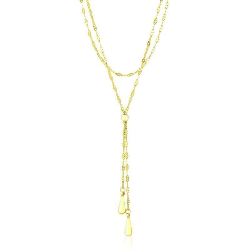 14k Yellow Gold Double Strand Chain with Puffed Heart Lariat Necklace