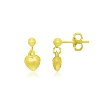 14k Yellow Gold Puffed Heart Children's Dangling Earrings