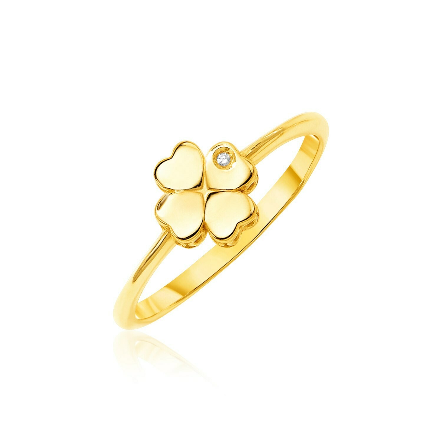 14k Yellow Gold Polished Four Leaf Clover Ring with Diamond