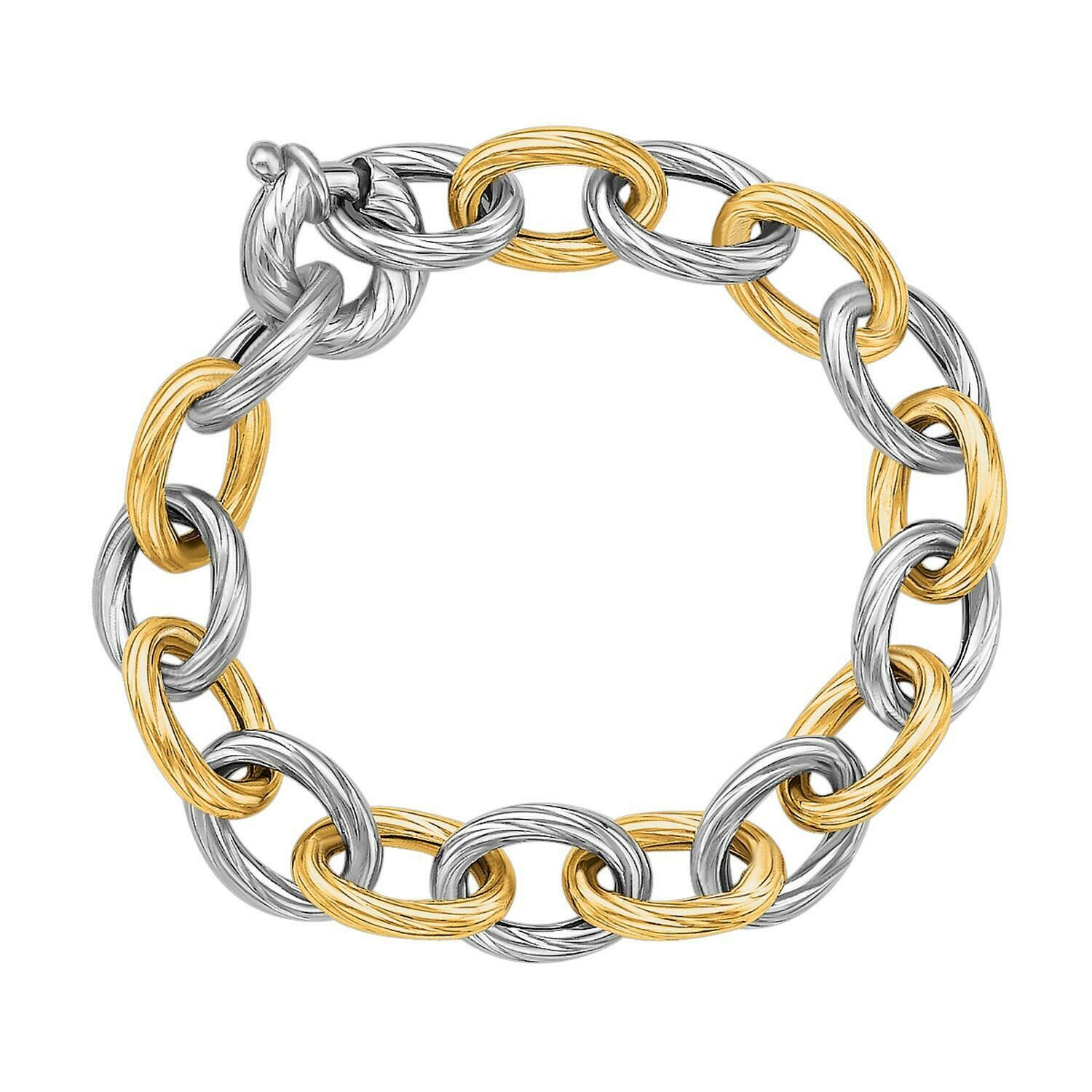 18k Yellow Gold and Sterling Silver Rhodium Plated Diamond Cut Chain Bracelet, Size: 7.75&quot;