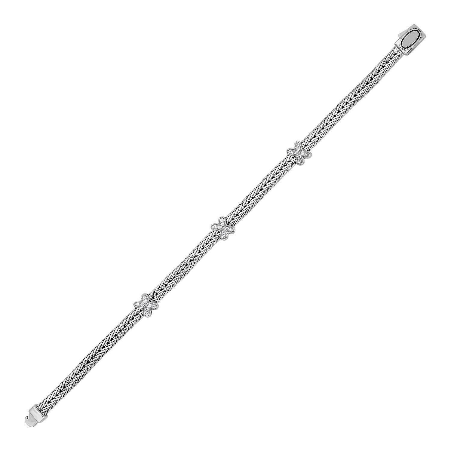 Woven Rope Bracelet with White Sapphire X Accents in Sterling Silver, Size: 7.25&quot;
