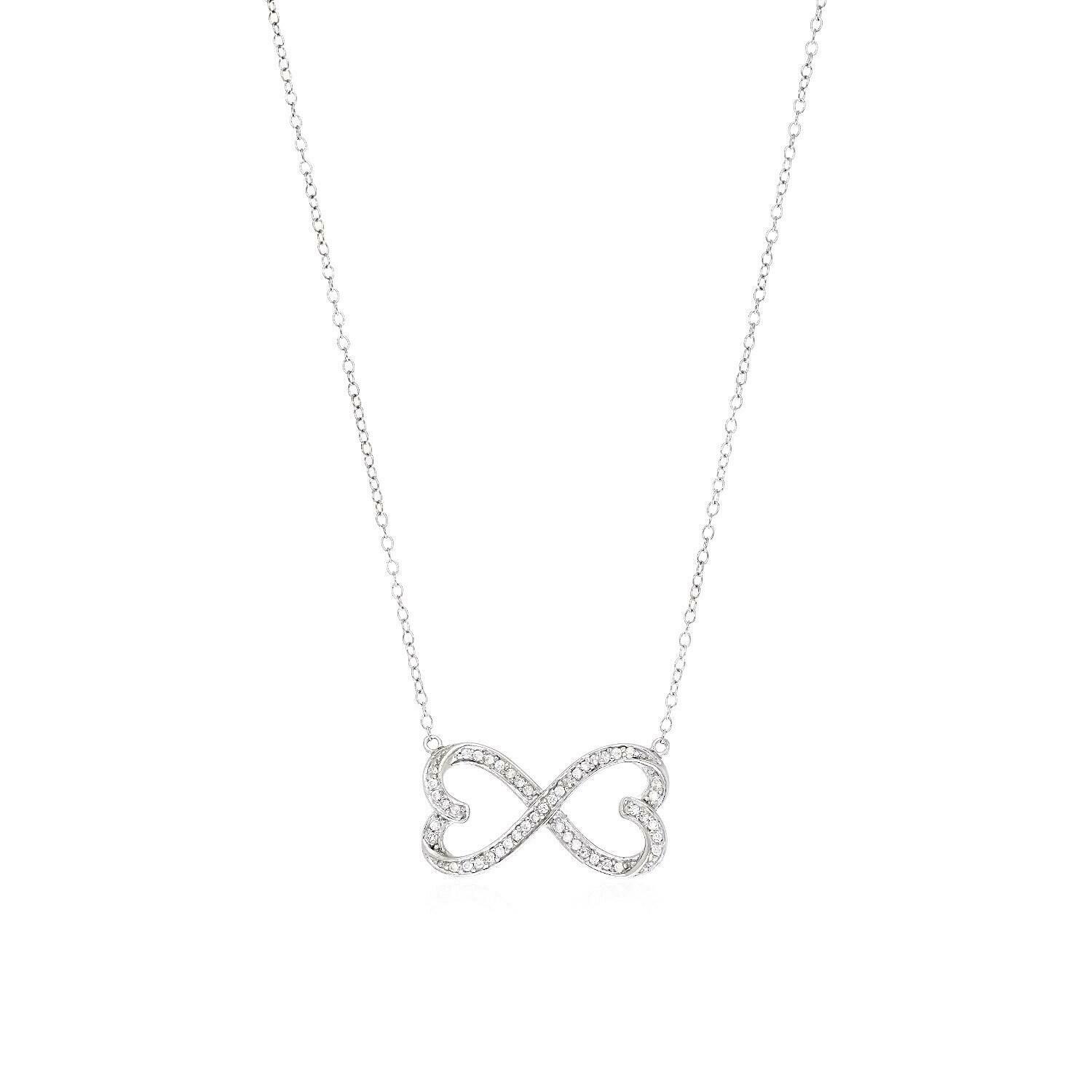 Double Heart Infinity Necklace with Cubic Zirconia in Sterling Silver, Size: 18&quot;
