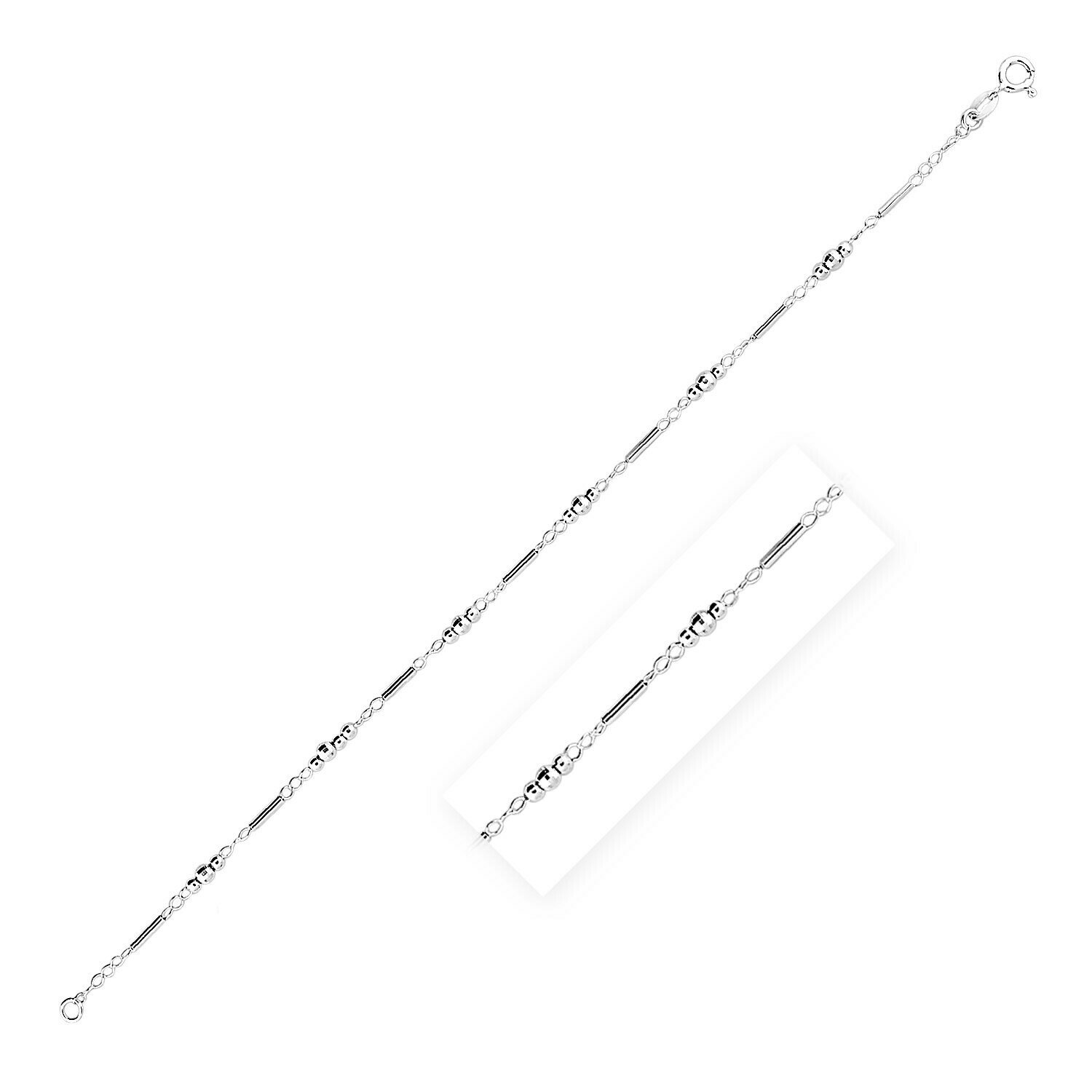 Sterling Silver Anklet with Polished Bars and Beads, Size: 10&quot;