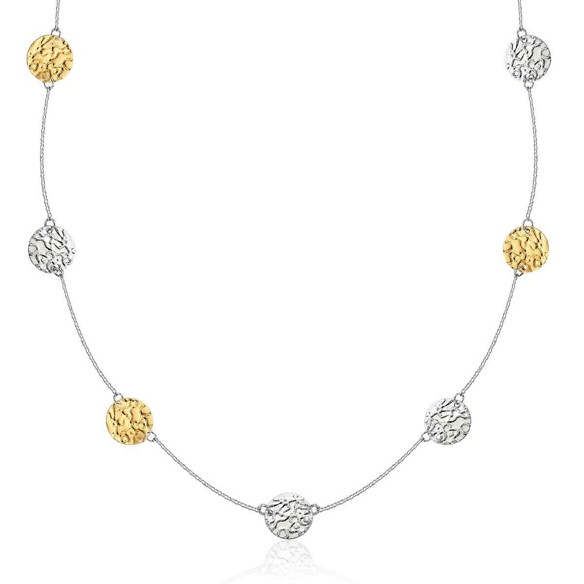 14k Yellow Gold &amp; Sterling Silver 32&quot; Reticulated Disc Station Necklace