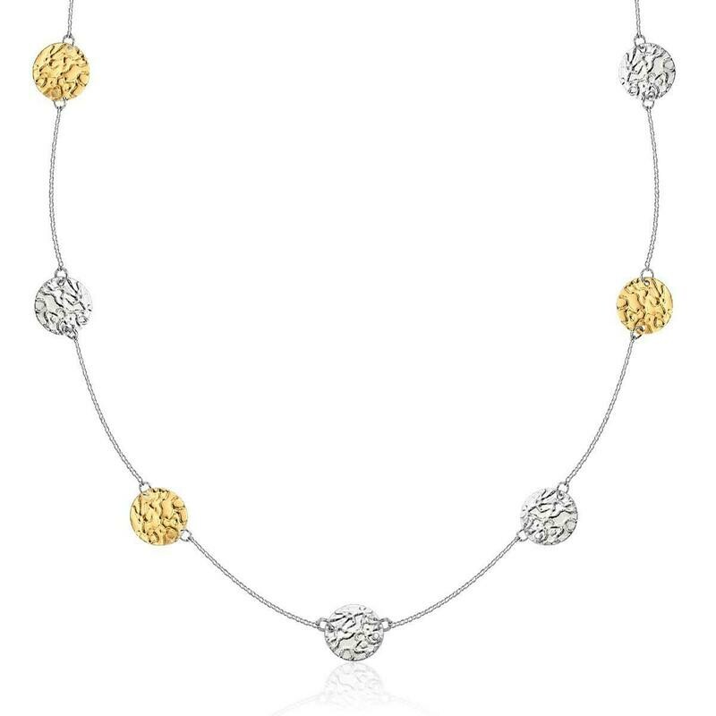 14k Yellow Gold &amp; Sterling Silver 32&quot; Reticulated Disc Station Necklace