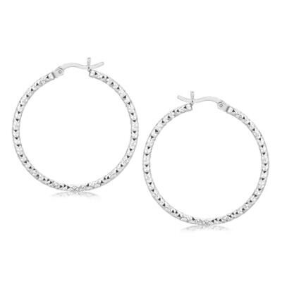 Sterling Silver Rhodium Plated Woven Style Polished Hoop Earrings