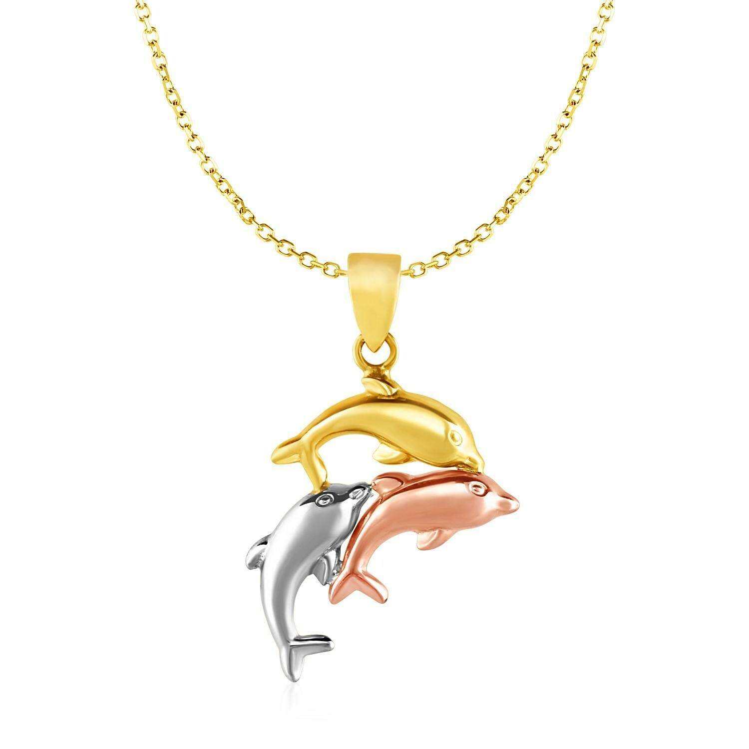 Pendant with Three Dolphins in 10k Tri Color Gold, Size: 18