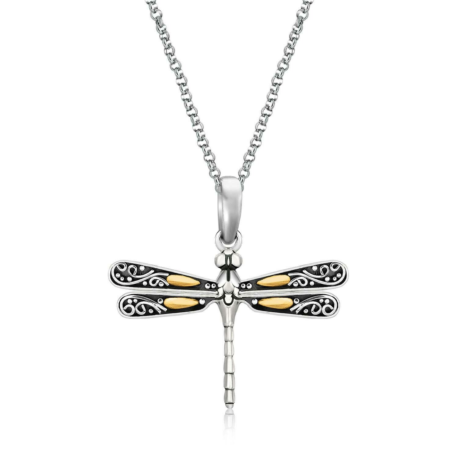 18k Yellow Gold and Sterling Silver Pendant in a Dragonfly Design, Size: 18