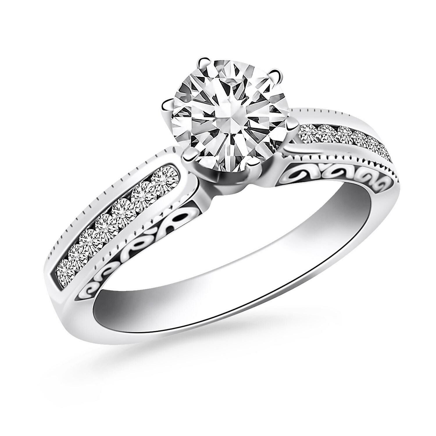 14k White Gold Channel Set Engagement Ring with Engraved Sides, Size: 4