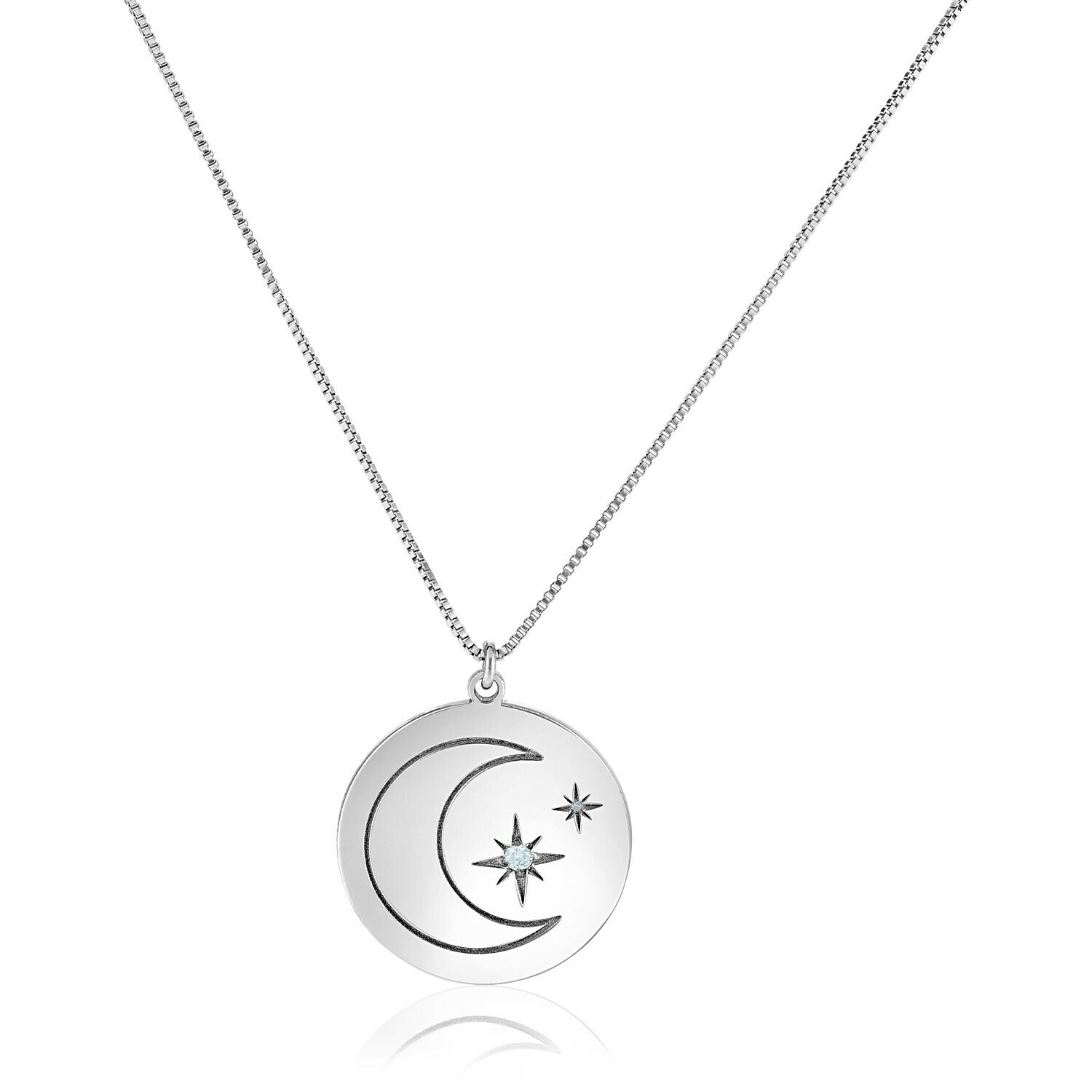 Sterling Silver 18 inch Necklace with Engraved Moon and Stars and Diamonds, Size: 18&quot;