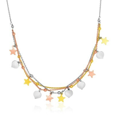 Sterling Silver 18 inch Three Toned Necklace with Polished Hearts and Stars