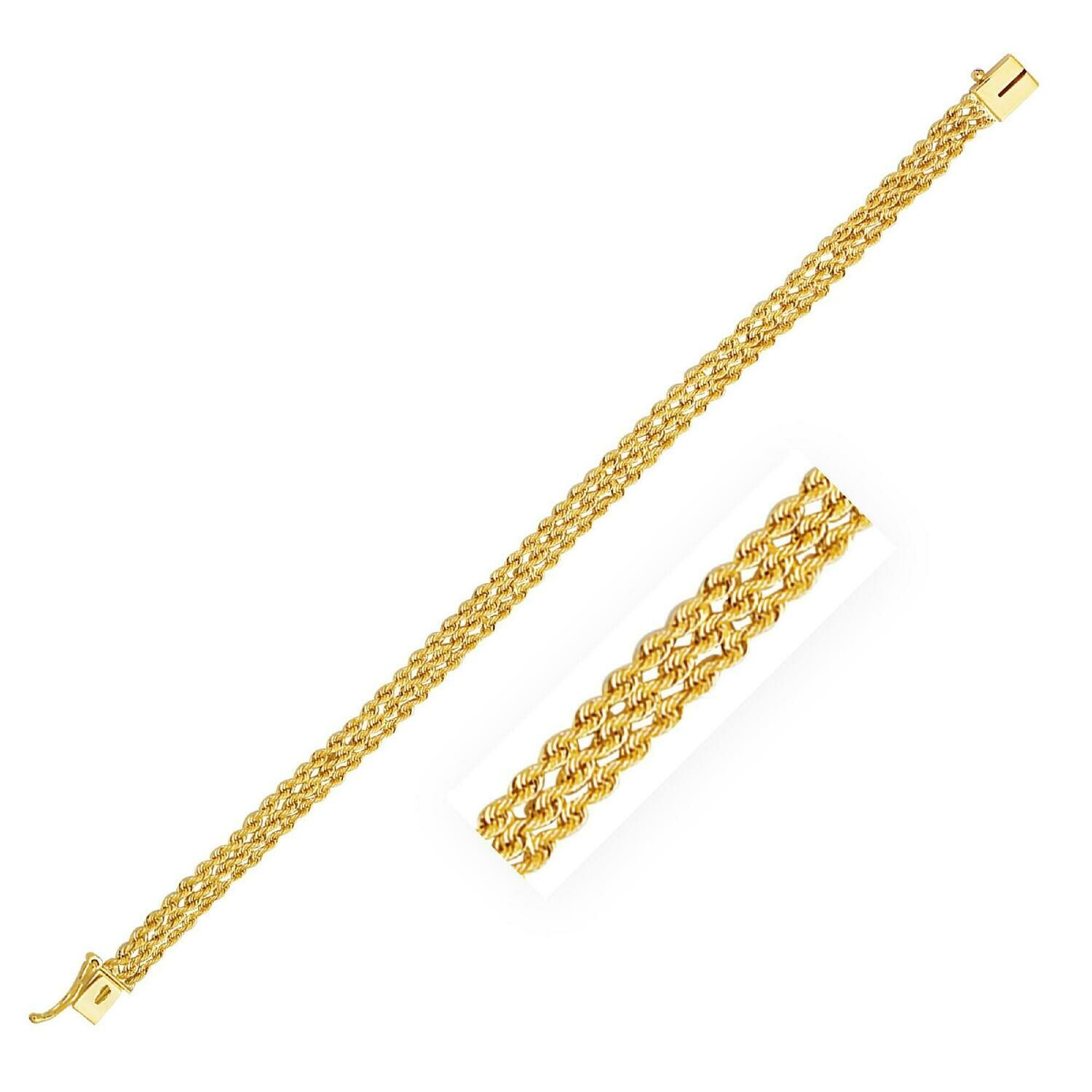 6.0mm 14k Yellow Gold Three Row Rope Bracelet, Size: 7&quot;