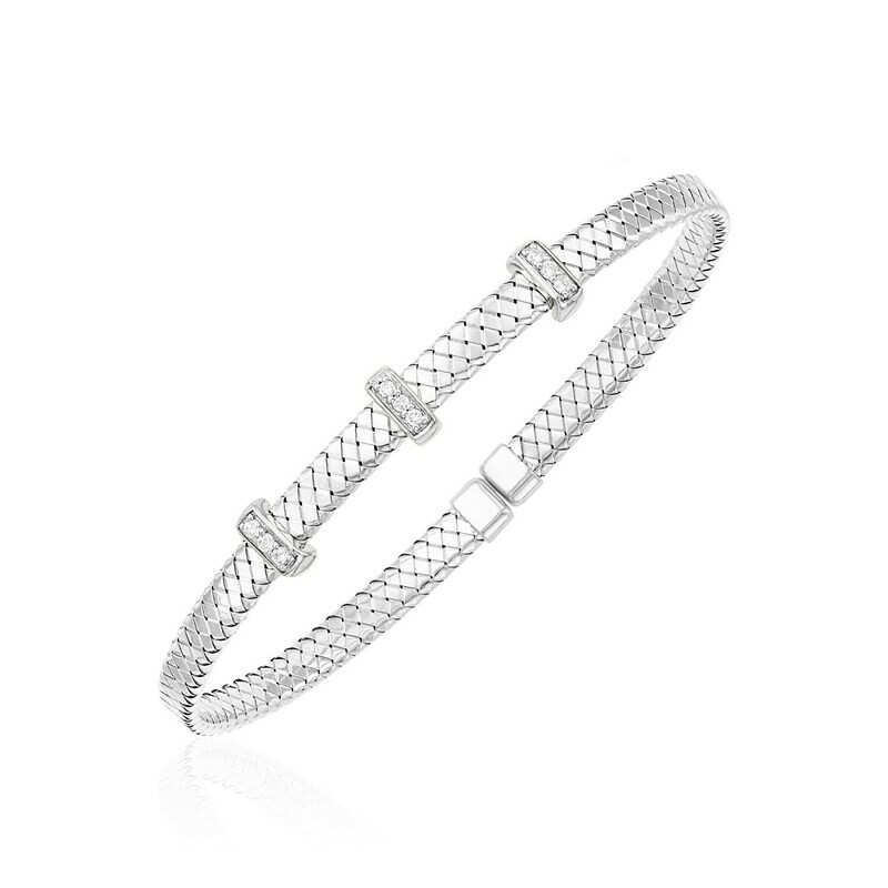 14k White Gold Narrow Basket Weave Bangle with Diamonds