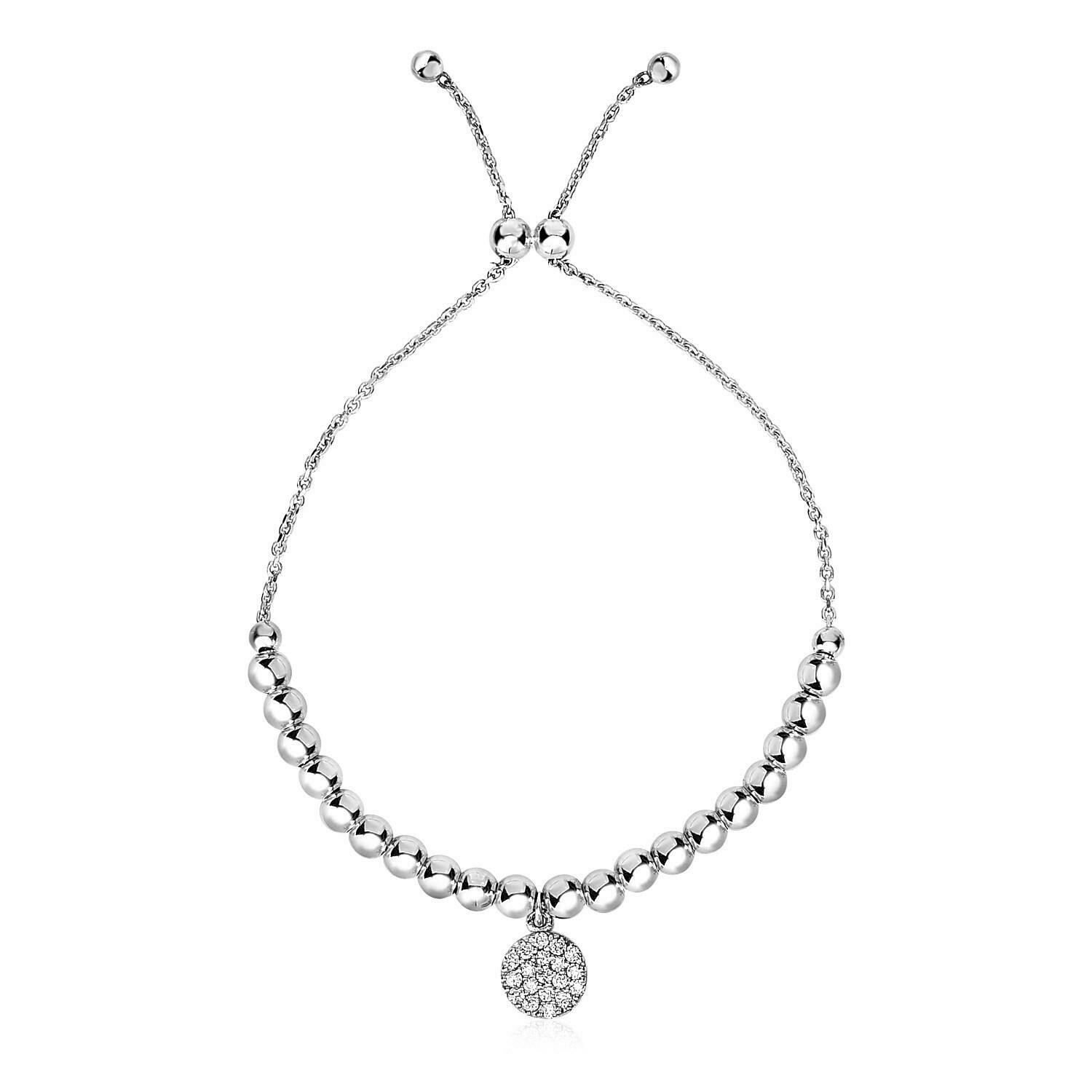 Adjustable Bead Bracelet with Round Charm and Cubic Zirconias in Sterling Silver, Size: 9.25&quot;