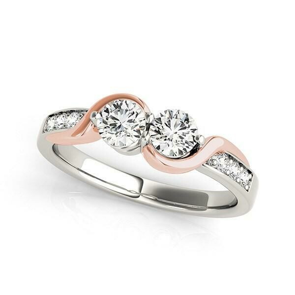 14k White And Rose Gold Round Two Diamond Curved Band Ring (5/8 cttw), Size: 3