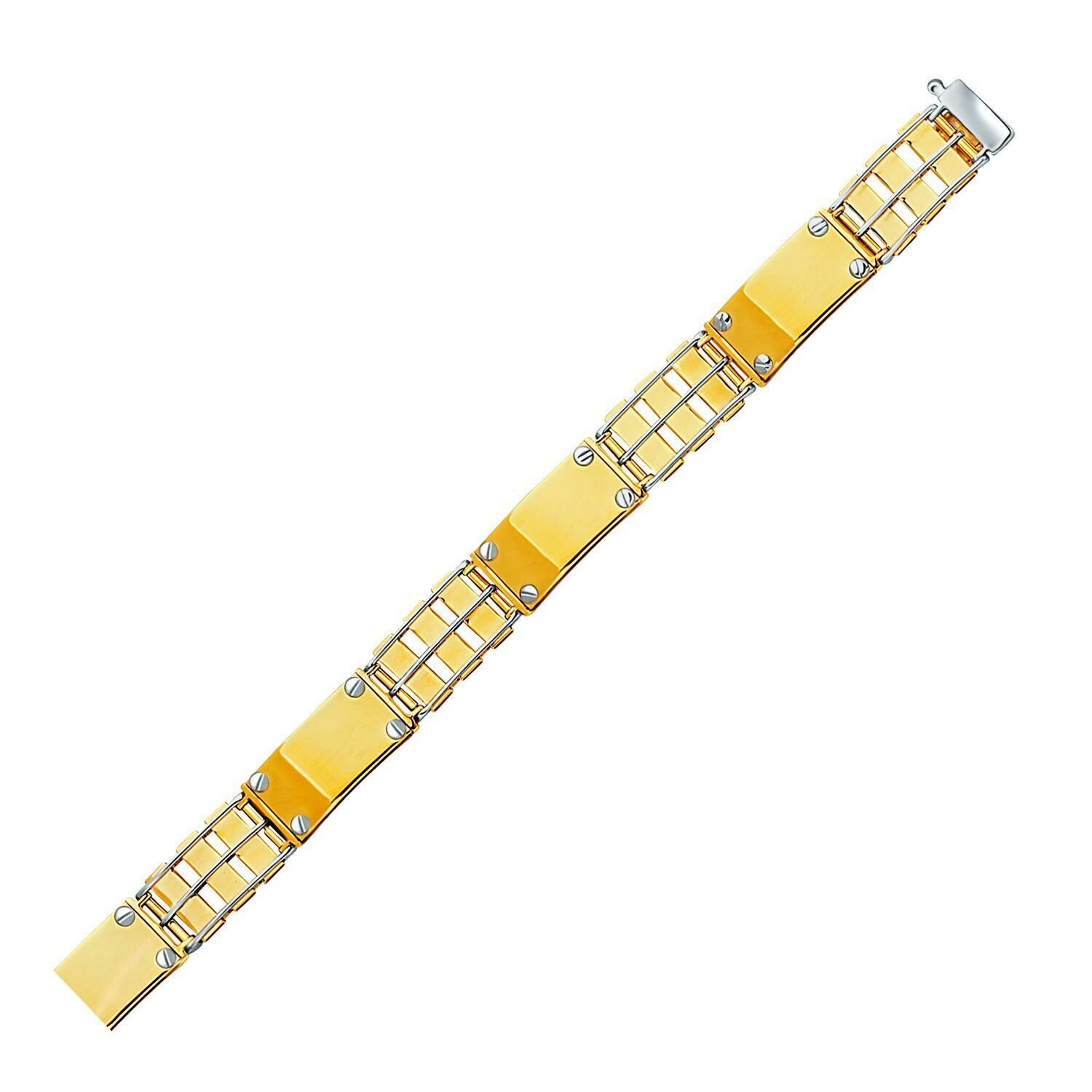14k Two-Tone Gold Men&#39;s Bracelet with Screw Embellished Bar Links, Size: 8.5&quot;