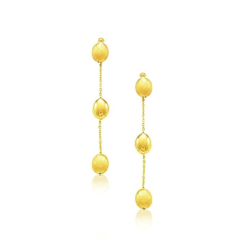 14k Yellow Gold Textured and Shiny Pebble Dangling Earrings