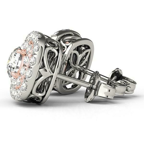 14k White and Rose Gold Cushion Shape Halo Diamond Earrings (3/4 cttw)