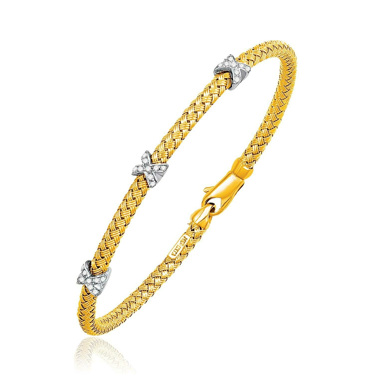 Basket Weave Bangle with Cross Diamond Accents in 14k Yellow Gold (4.0mm), Size: 7.25&quot;