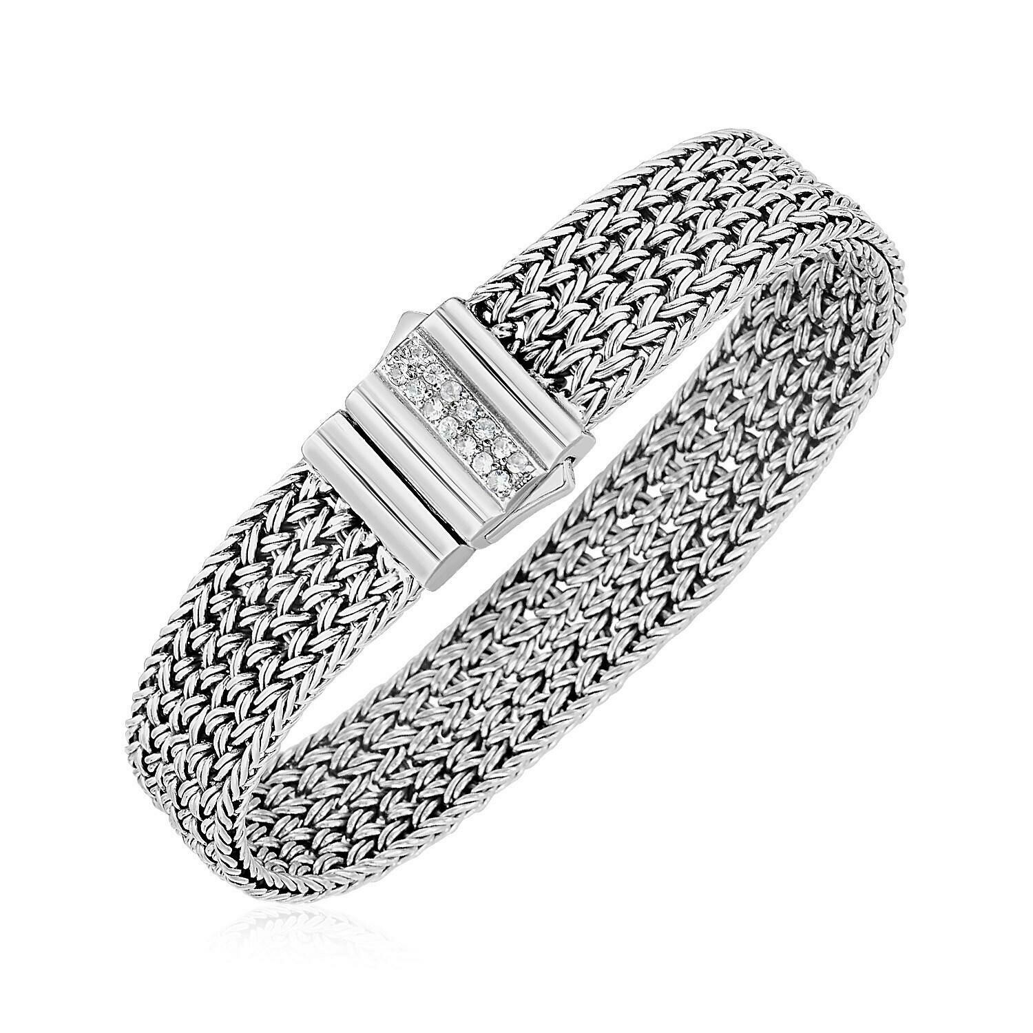Woven Rope Bracelet with White Sapphire Accented Clasp in Sterling Silver, Size: 7.25&quot;