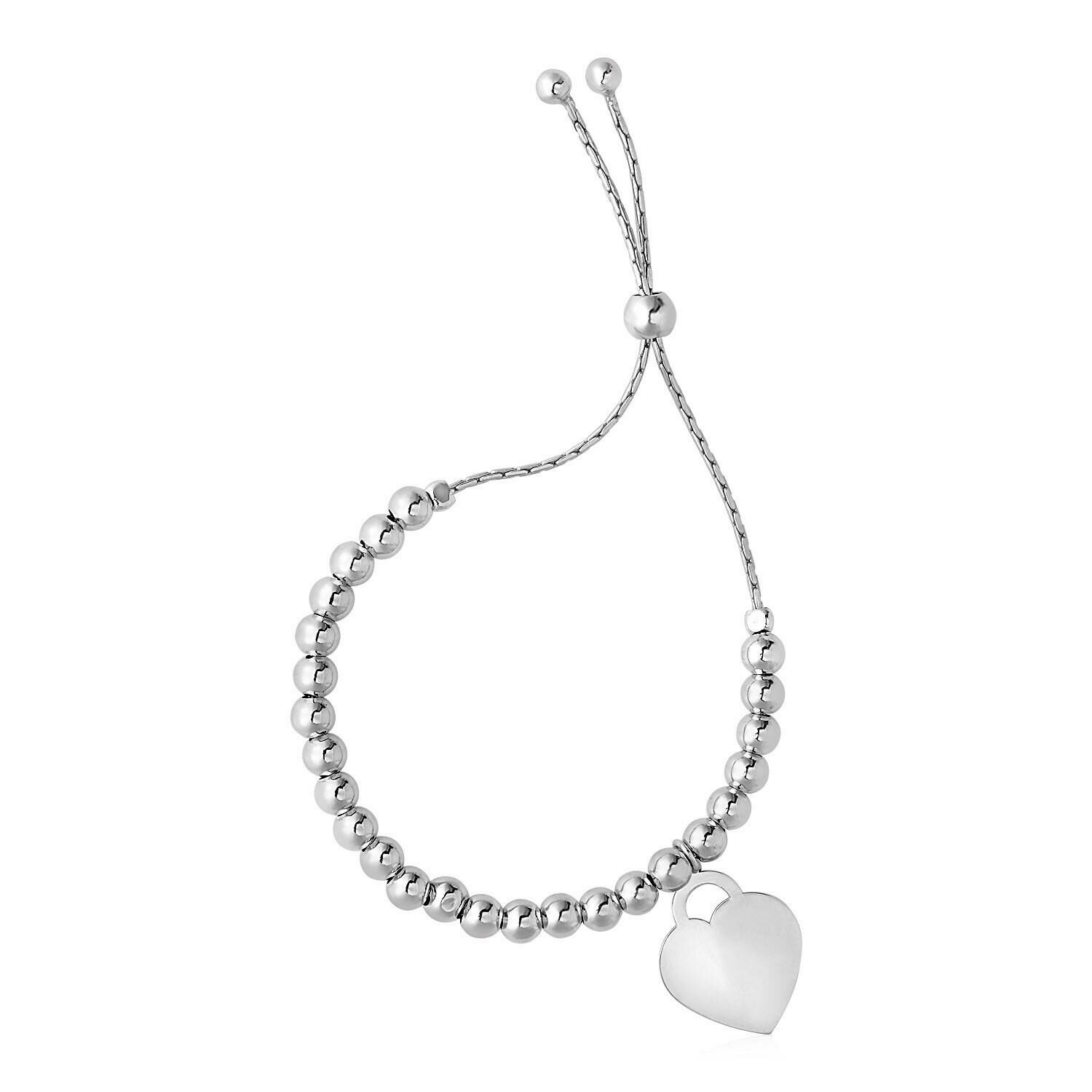 Adjustable Shiny Bead Bracelet with Heart Charm in Sterling Silver, Size: 9.25&quot;