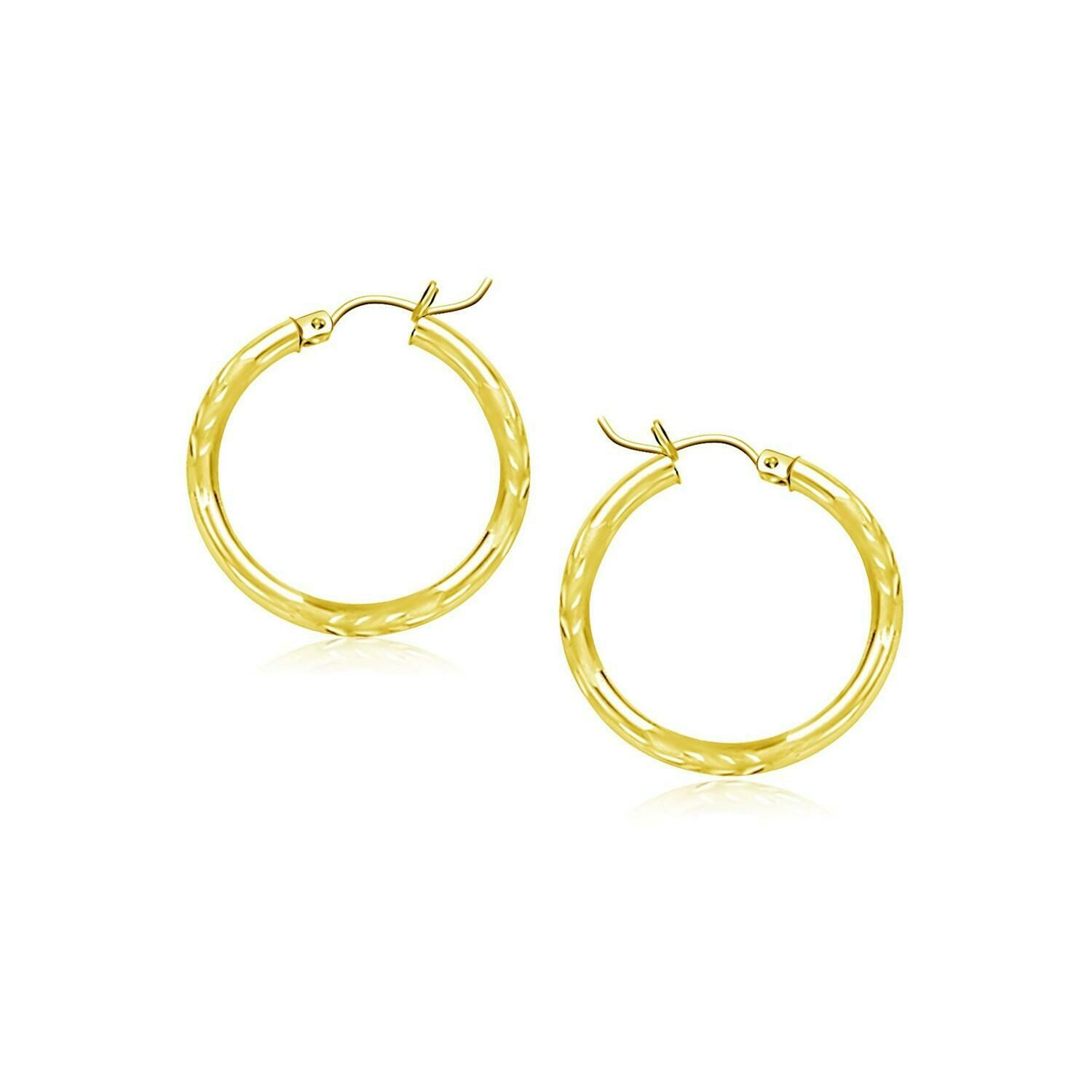 14k Yellow Gold Fancy Diamond Cut Slender Small Hoop Earrings (15mm Diameter)