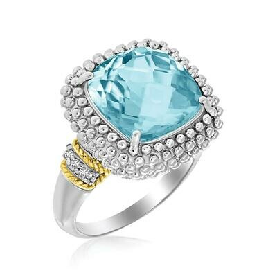 18k Yellow Gold &amp; Sterling Silver Sky Blue Topaz and Diamond Popcorn Ring
