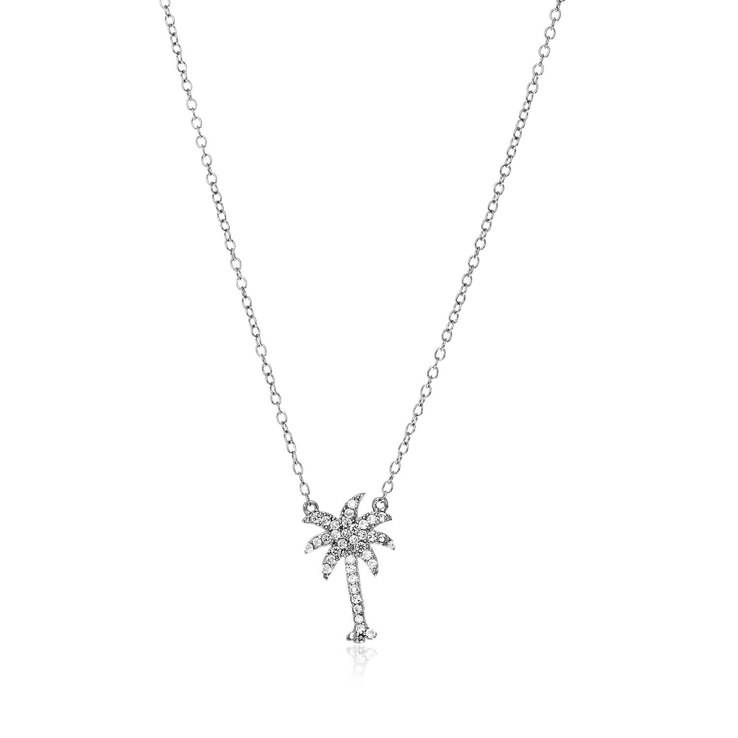 Sterling Silver Palm Tree Necklace with Cubic Zirconias, Size: 18&quot;