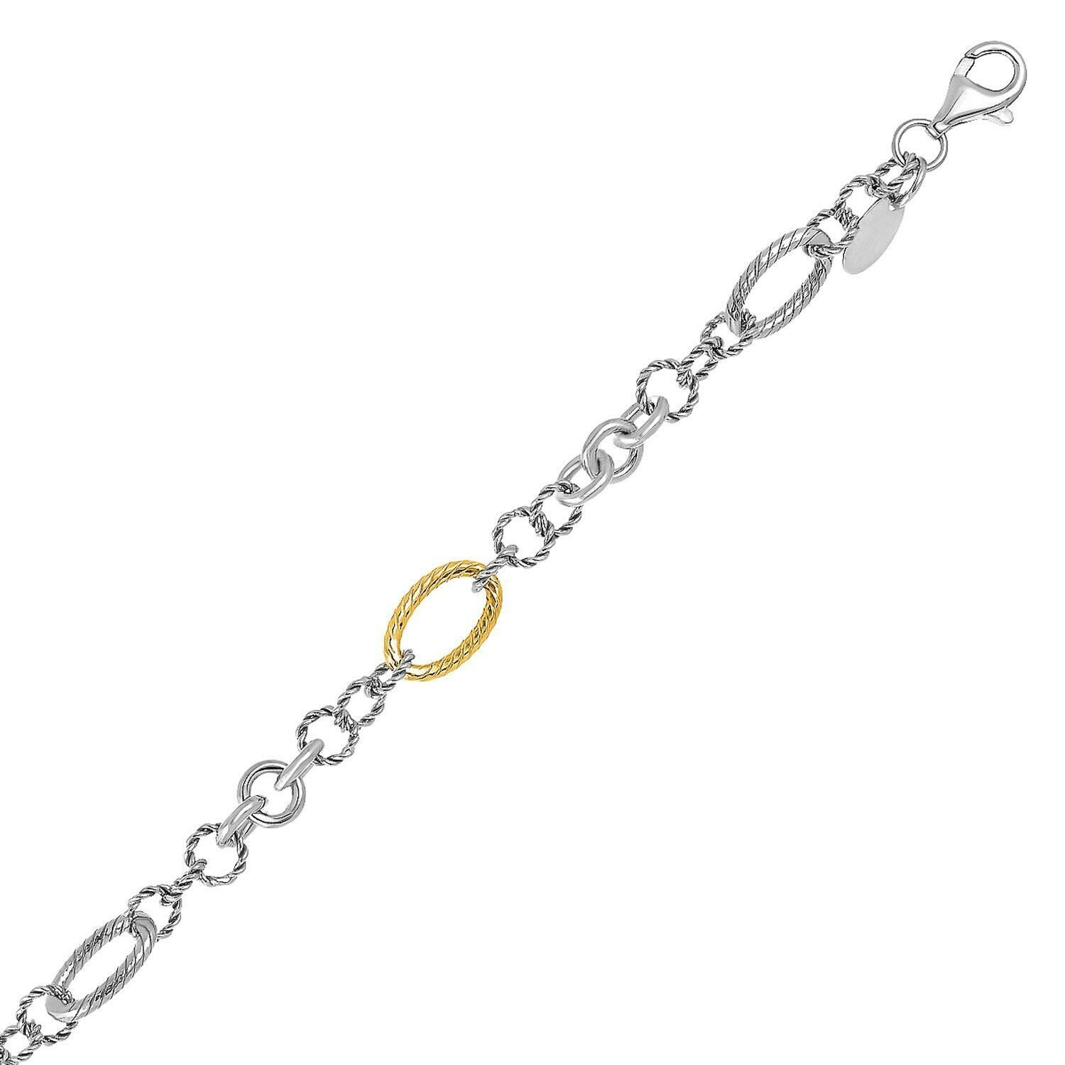 18k Yellow Gold and Sterling Silver Rope Motif Stationed Bracelet, Size: 7.5&quot;