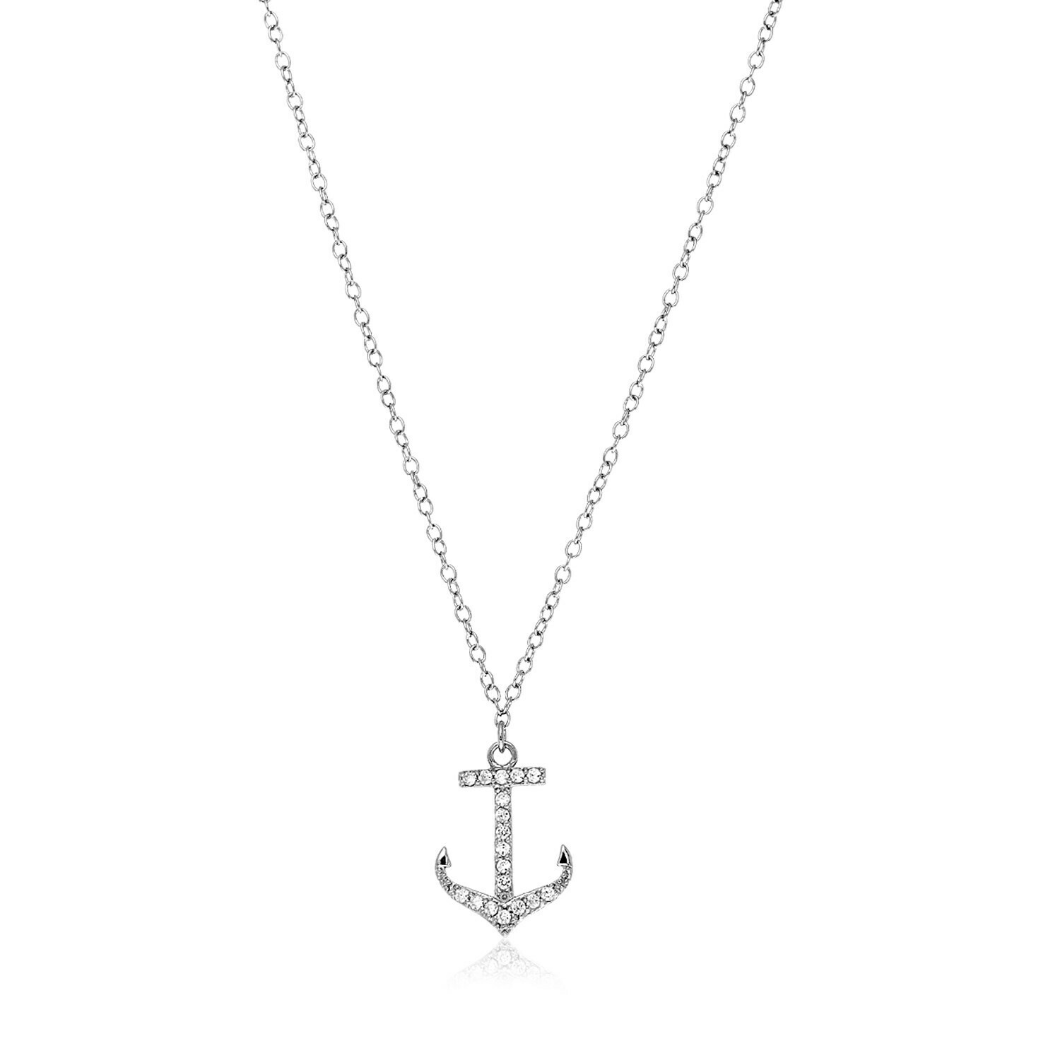Sterling Silver Anchor Necklace with Cubic Zirconias, Size: 18&quot;