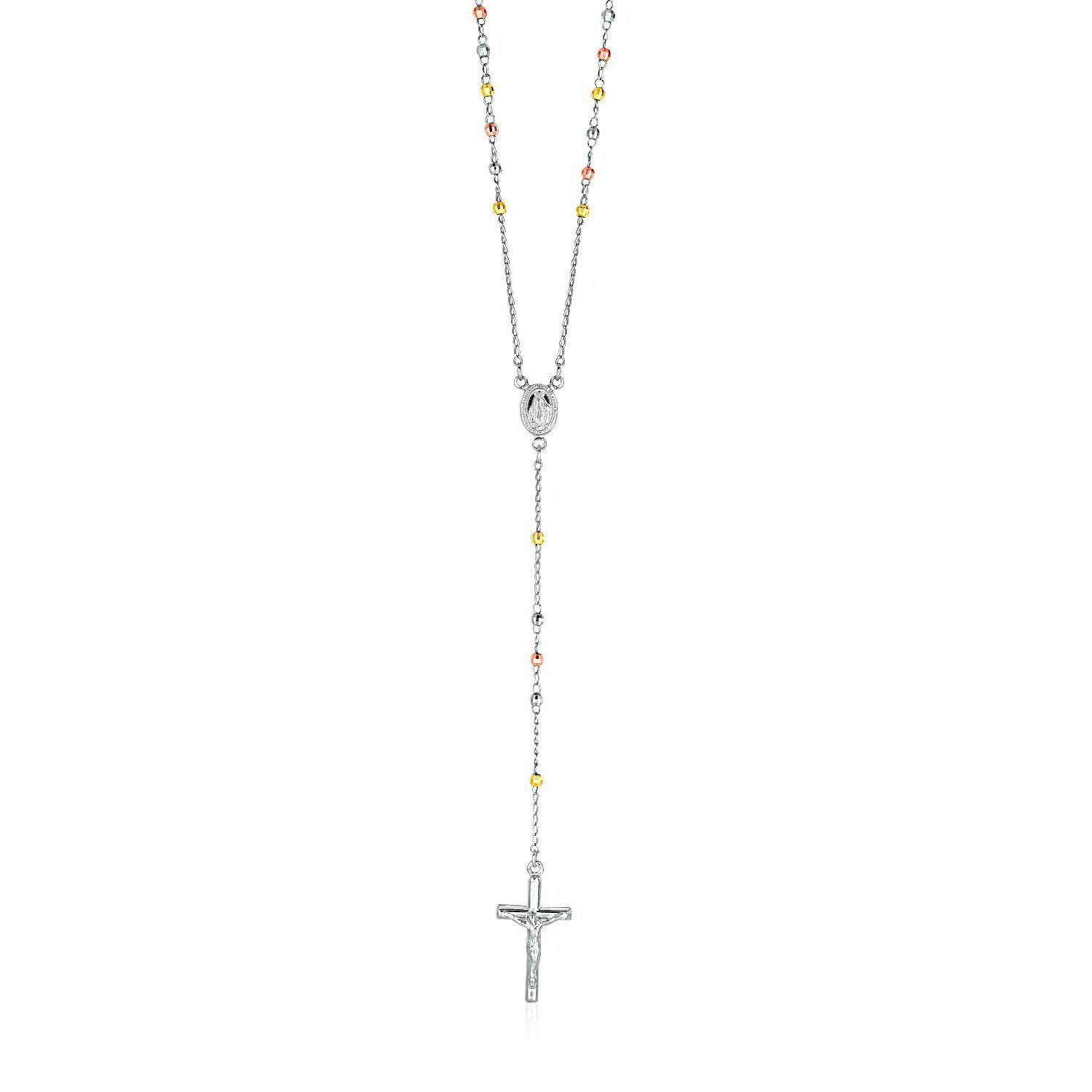 Three Toned Rosary Chain and Bead Necklace in Sterling Silver, Size: 26&quot;