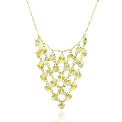 14k Yellow Gold Bib Style Textured Hearts Necklace