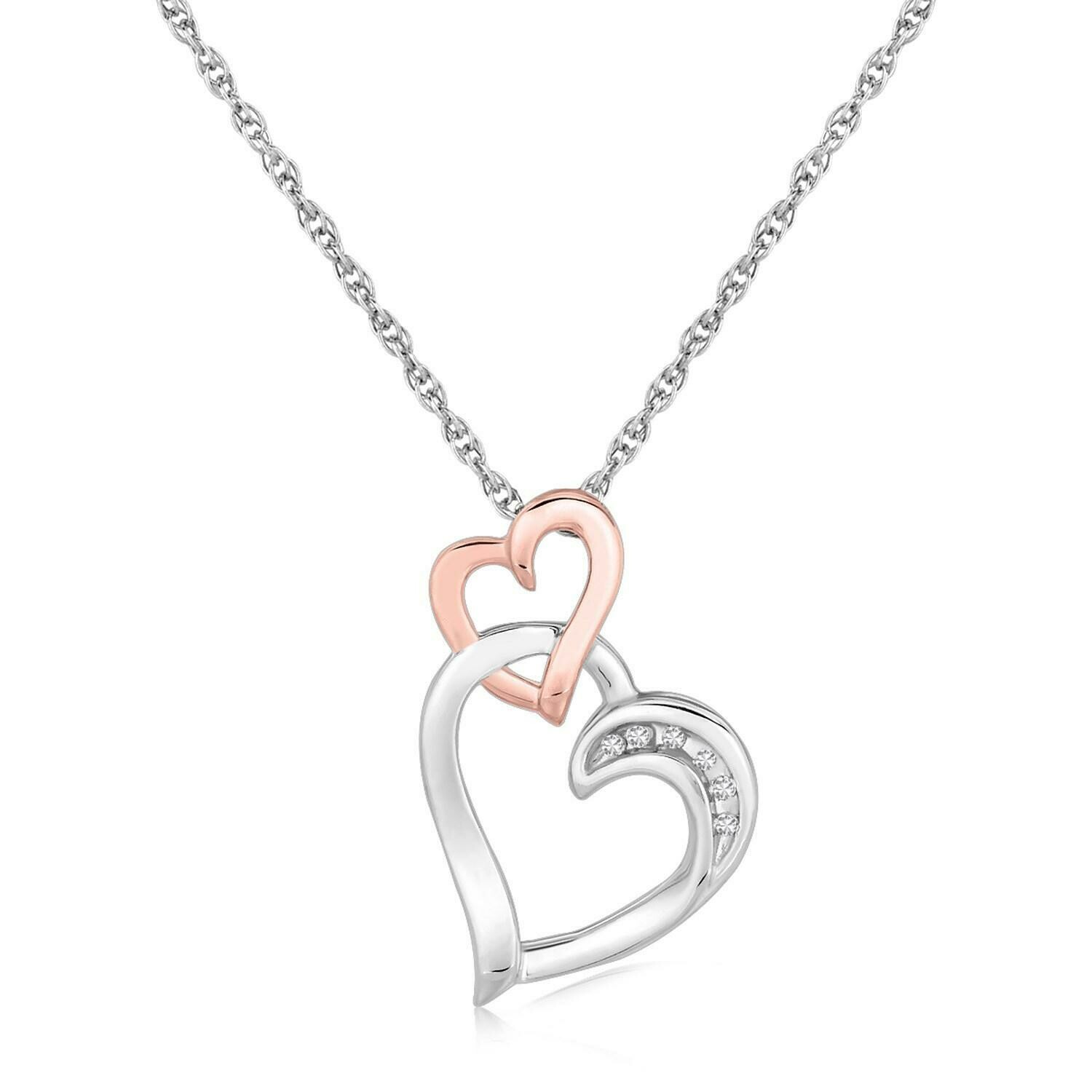 Sterling Silver Cascading Dual Heart Diamond Accented Pendant (.02 cttw), Size: 18