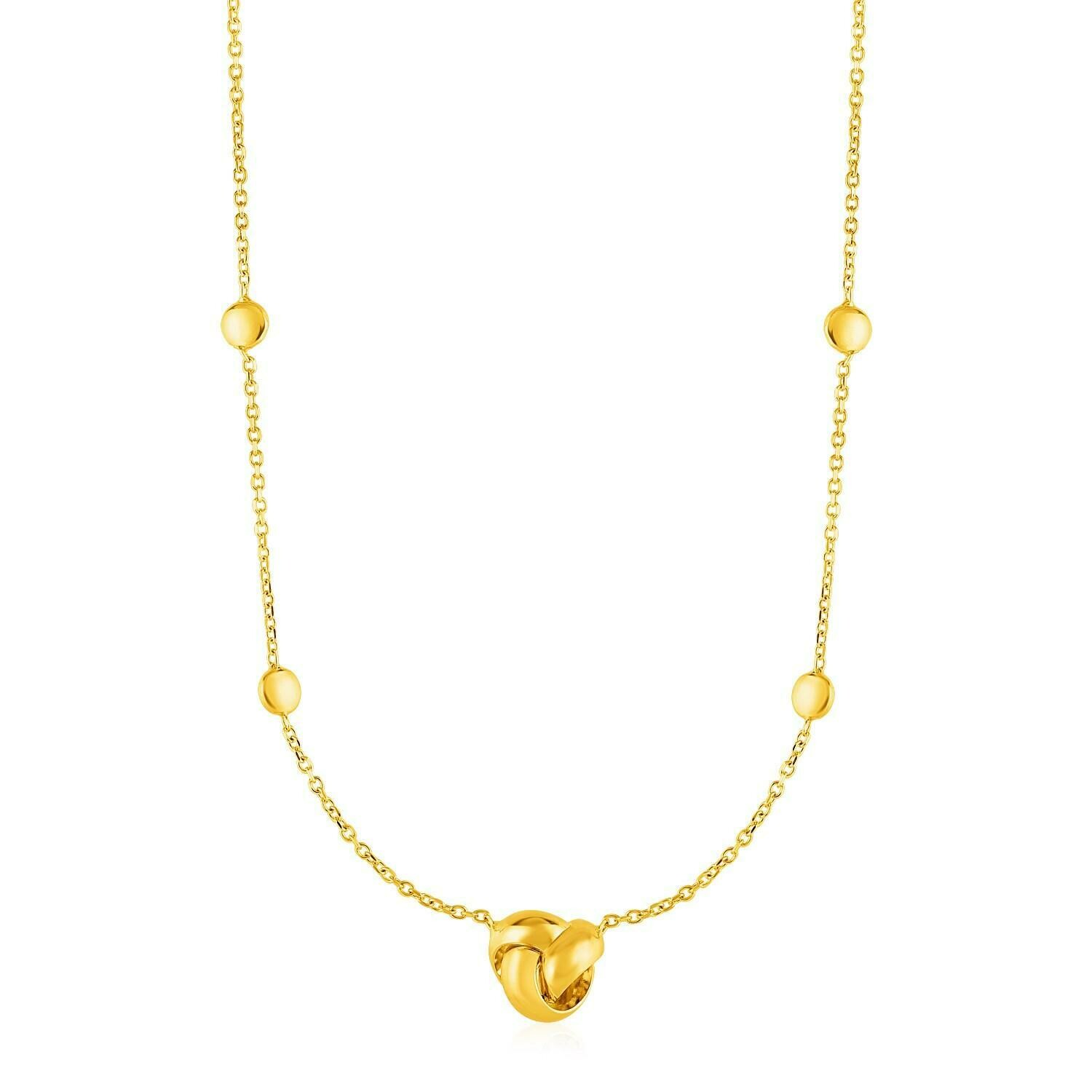 Station Necklace with Love Knot and Round Beads in 14k Yellow Gold
