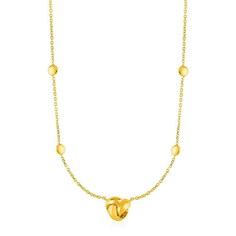 Station Necklace with Love Knot and Round Beads in 14k Yellow Gold