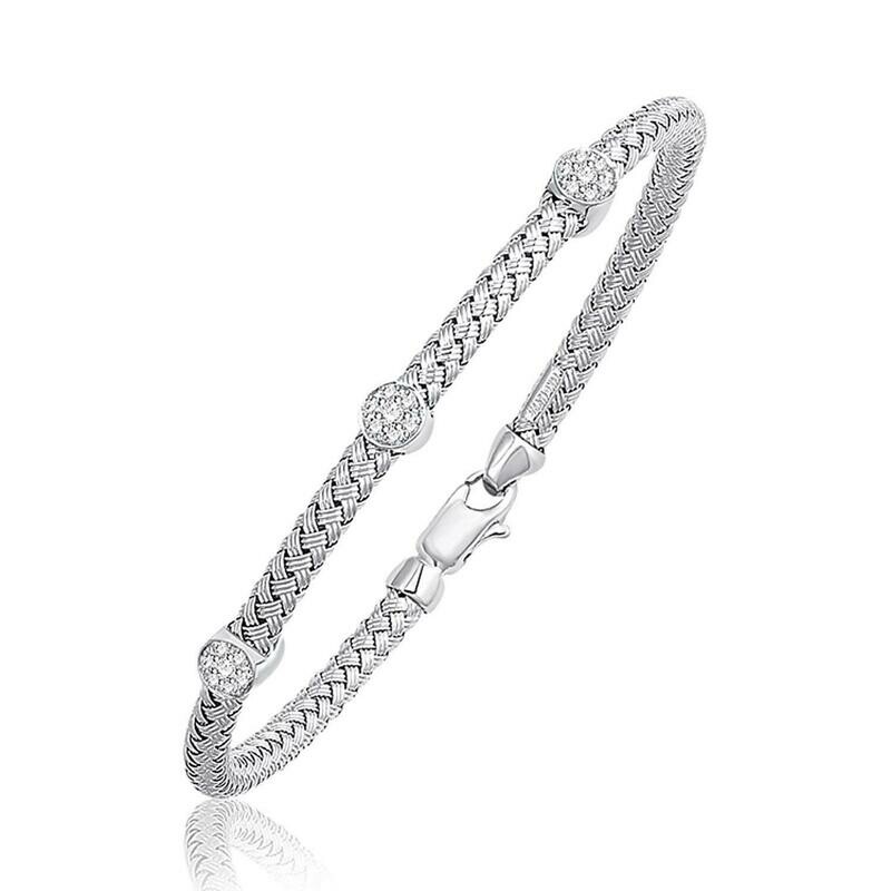 Basket Weave Bangle with Diamond Accents in 14k White Gold (4.0mm)