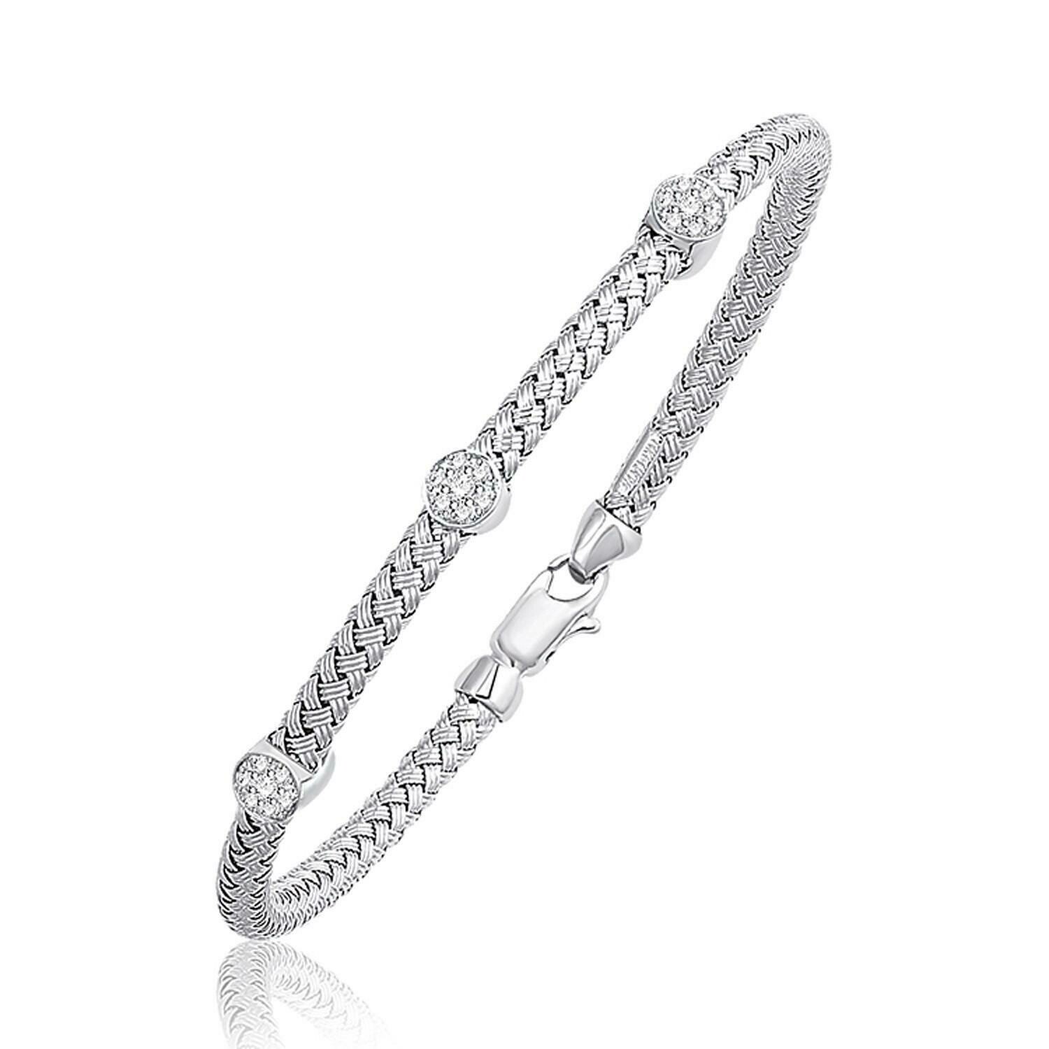 Basket Weave Bangle with Diamond Accents in 14k White Gold (4.0mm), Size: 7.25&quot;