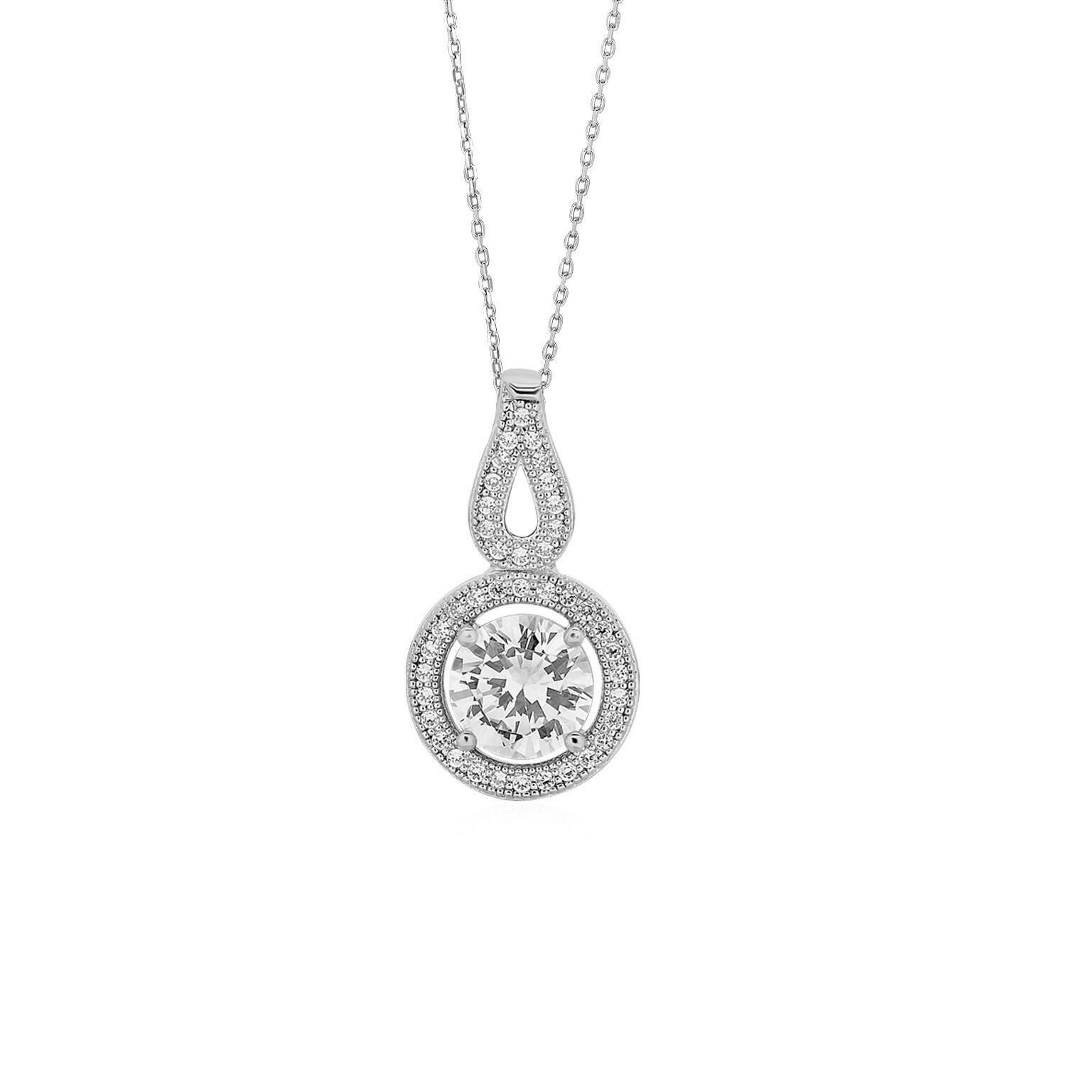 Circle and Teardrop Pendant with Cubic Zirconia in Sterling Silver, Size: 18