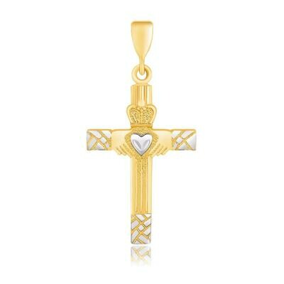 14k Two-Tone Gold Cross Pendant with a Claddagh Motif