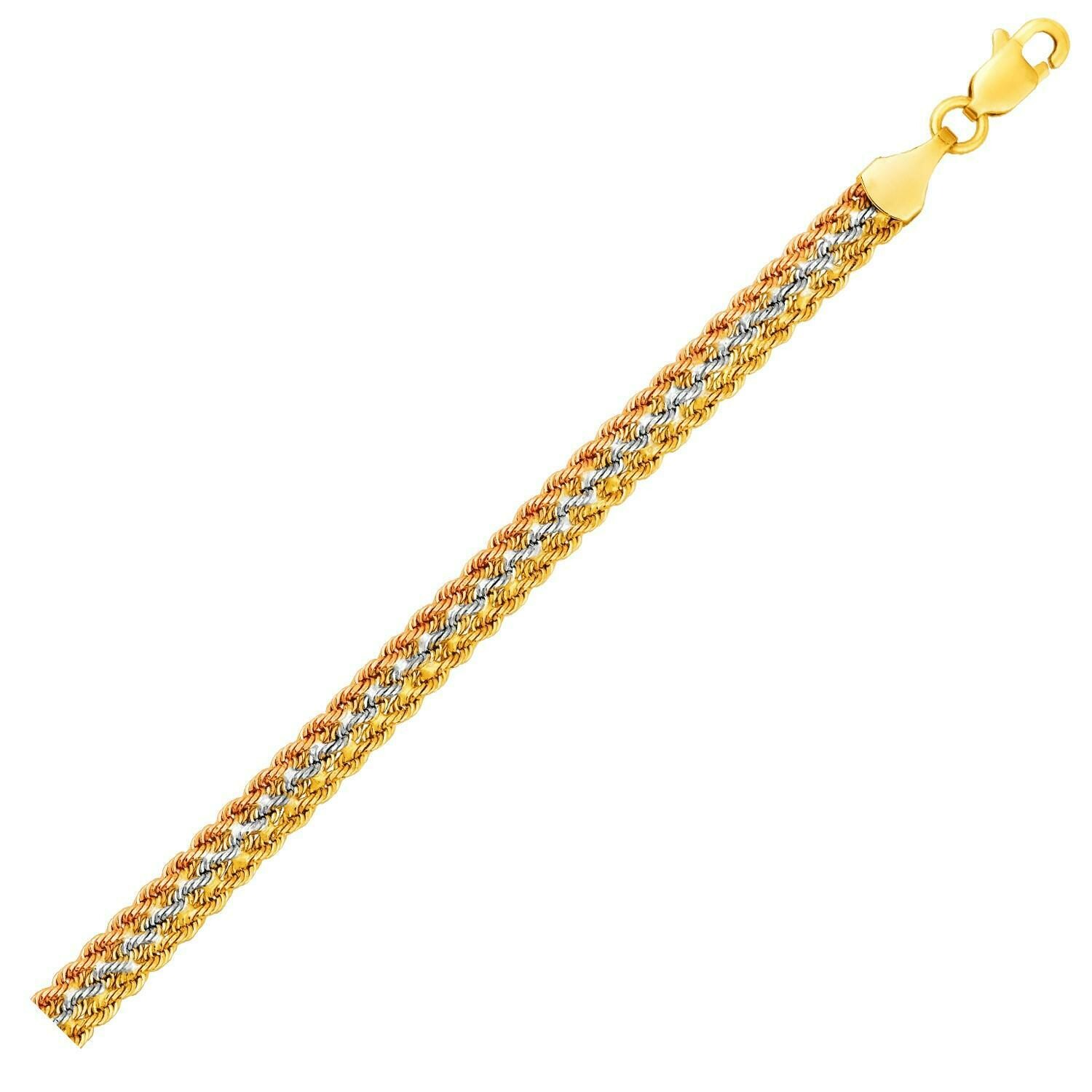 Tri-Toned Multi-Strand Rope Chain Bracelet in 10k Yellow, White, and Rose Gold, Size: 7.5&quot;