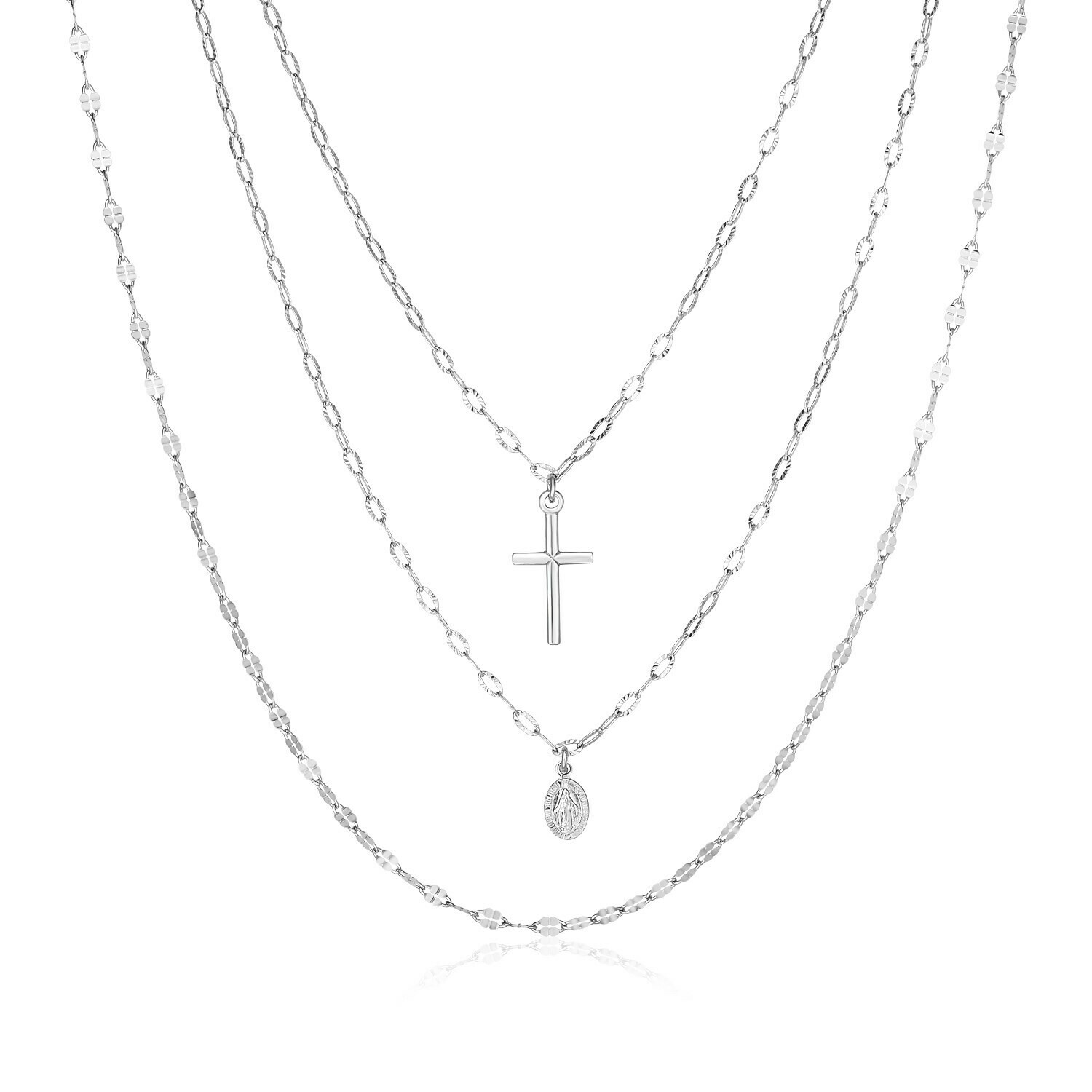 Sterling Silver 18 inch Three Strand Necklace with Cross and Religious Medal, Size: 18&quot;