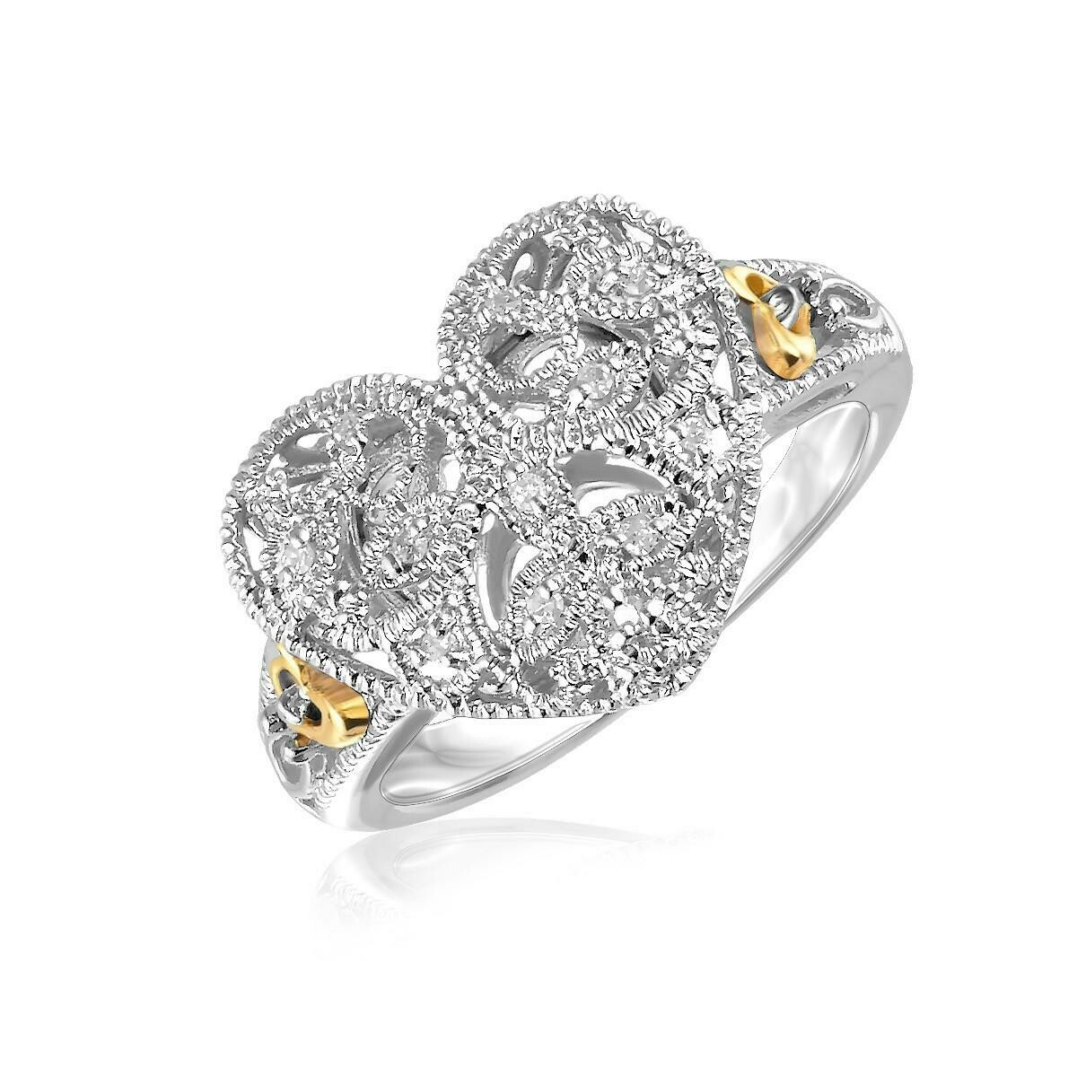 Designer Sterling Silver and 14k Yellow Gold Filigree Heart Ring with Diamonds Designer Sterling Silver and 14k Yellow Gold Filigree Heart Ring with Diamonds