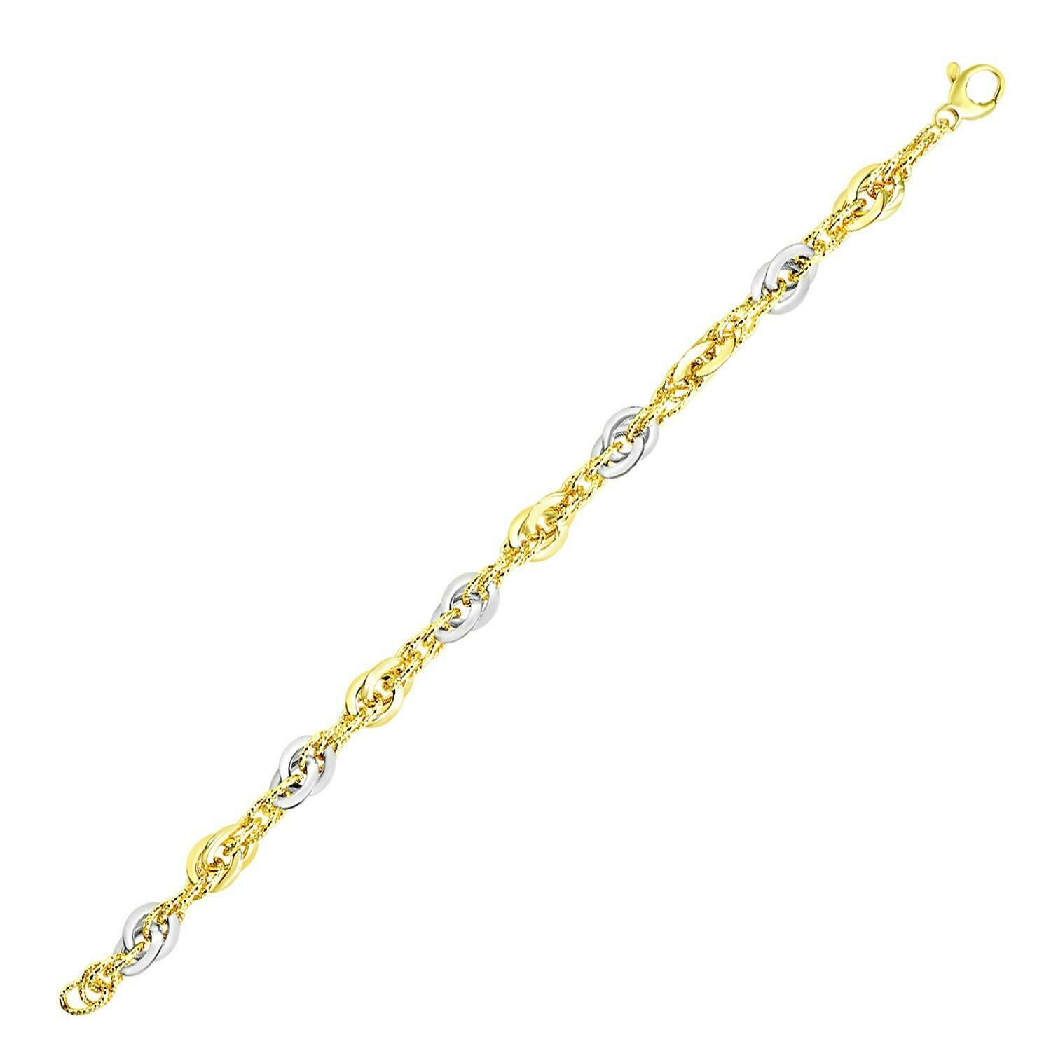 14k Two-Tone Gold Interlaced Smooth and Textured Link Bracelet, Size: 7.5&quot;