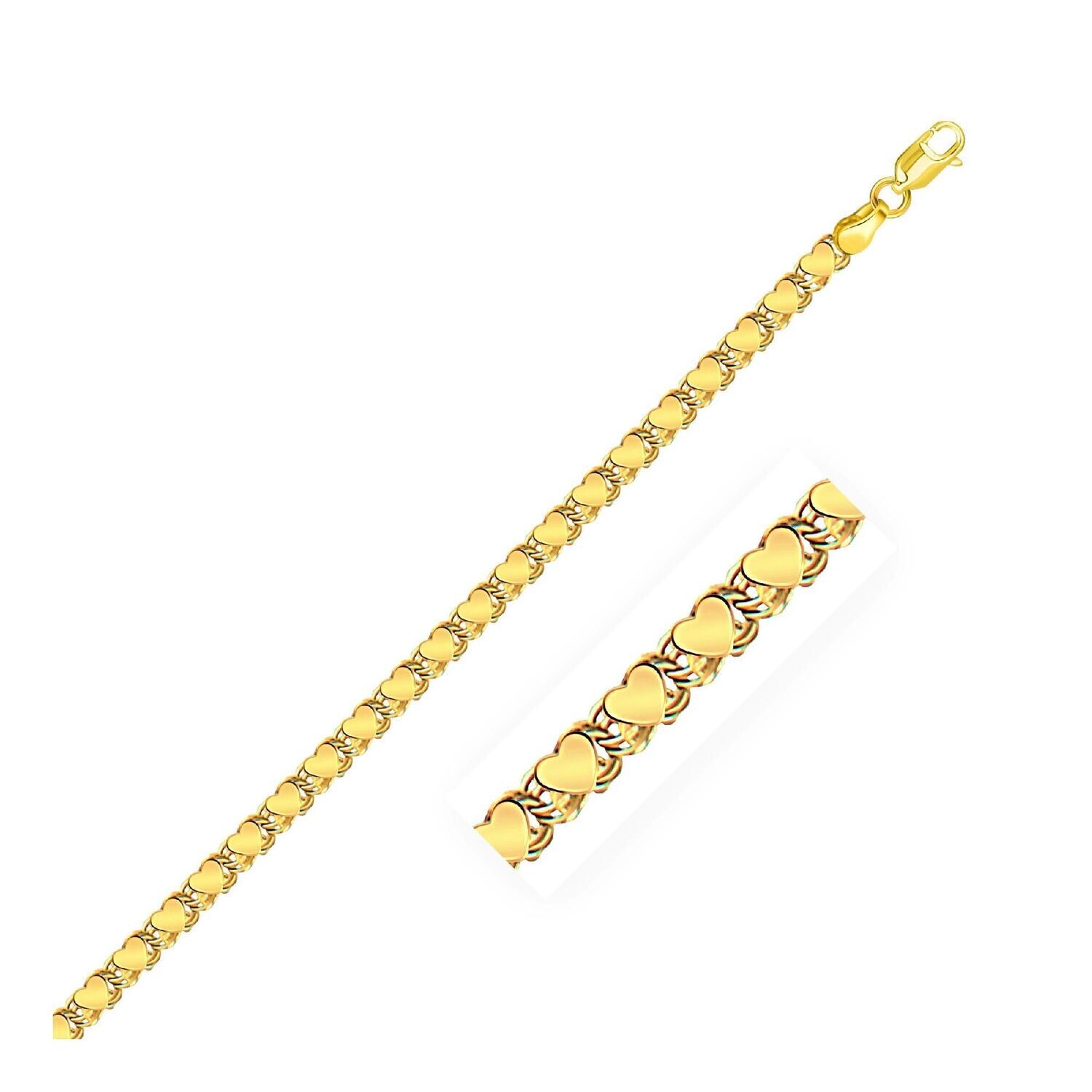 3.3mm 14k Yellow Gold Heart Anklet, Size: 10&quot;