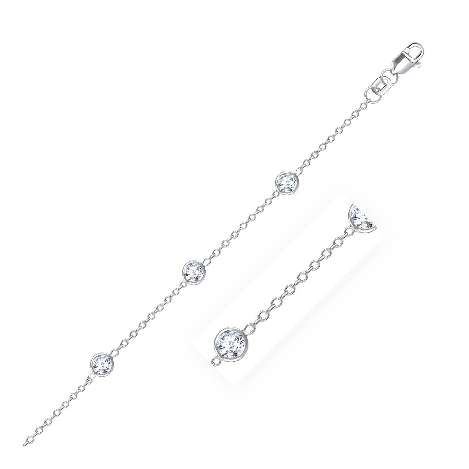 14k White Gold Anklet with Round White Cubic Zirconia, Size: 10&quot;