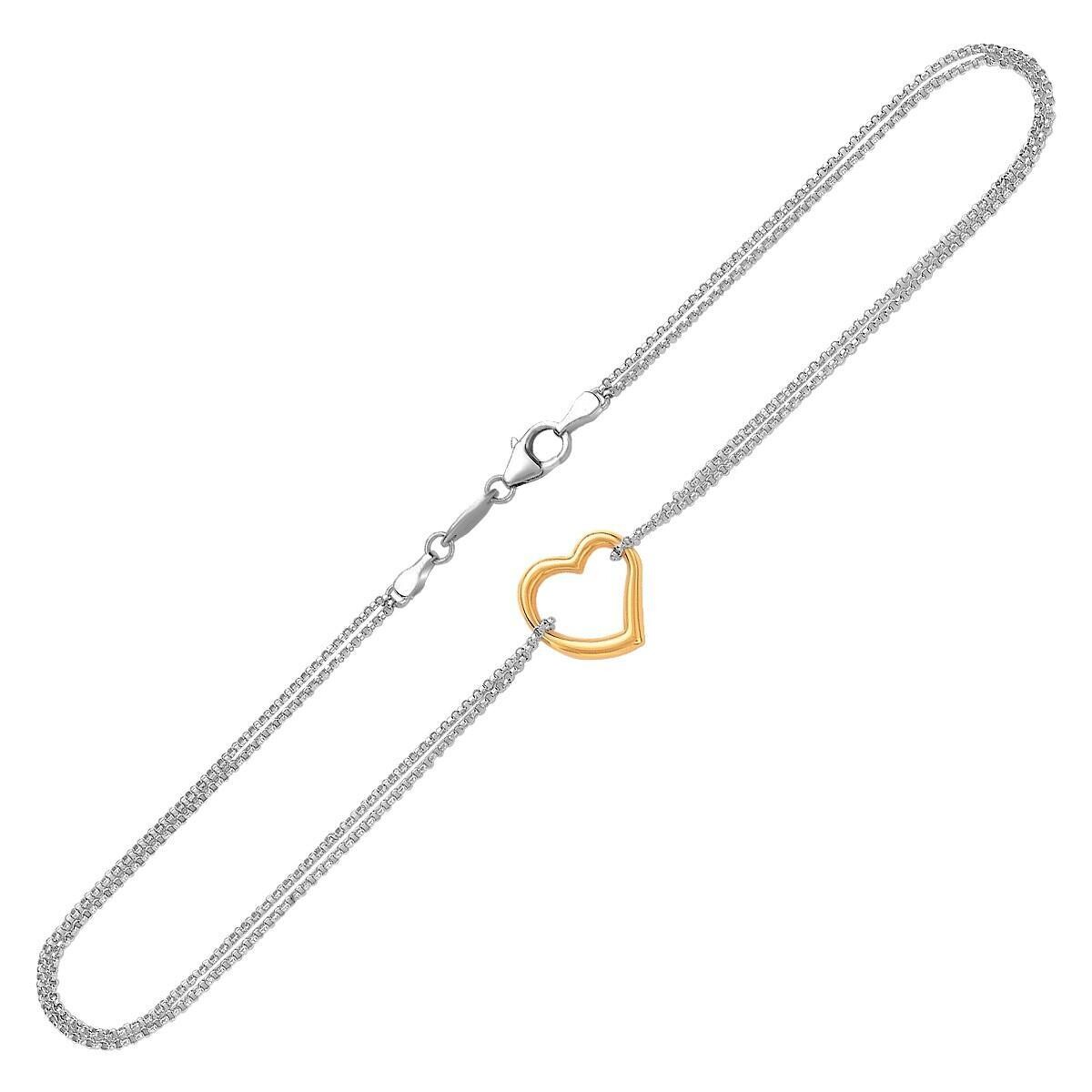 14k Yellow Gold and Sterling Silver Anklet with a Single Open Heart Station, Size: 10&quot;