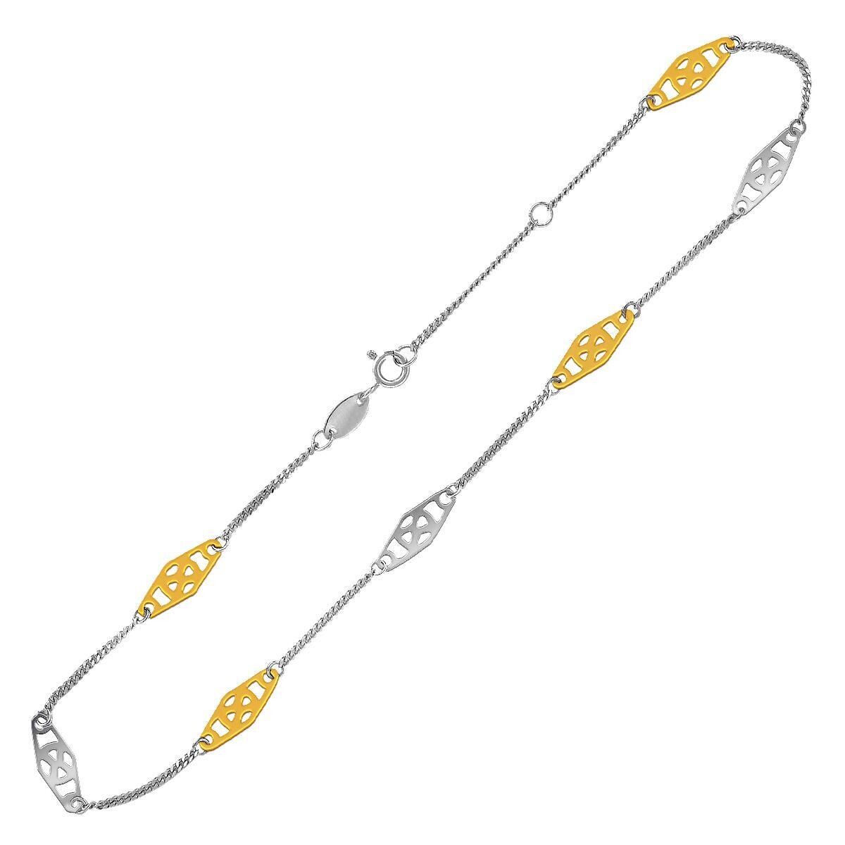 14k Yellow Gold and Sterling Silver Anklet with Rounded Diamond Shape Stations, Size: 10&quot;
