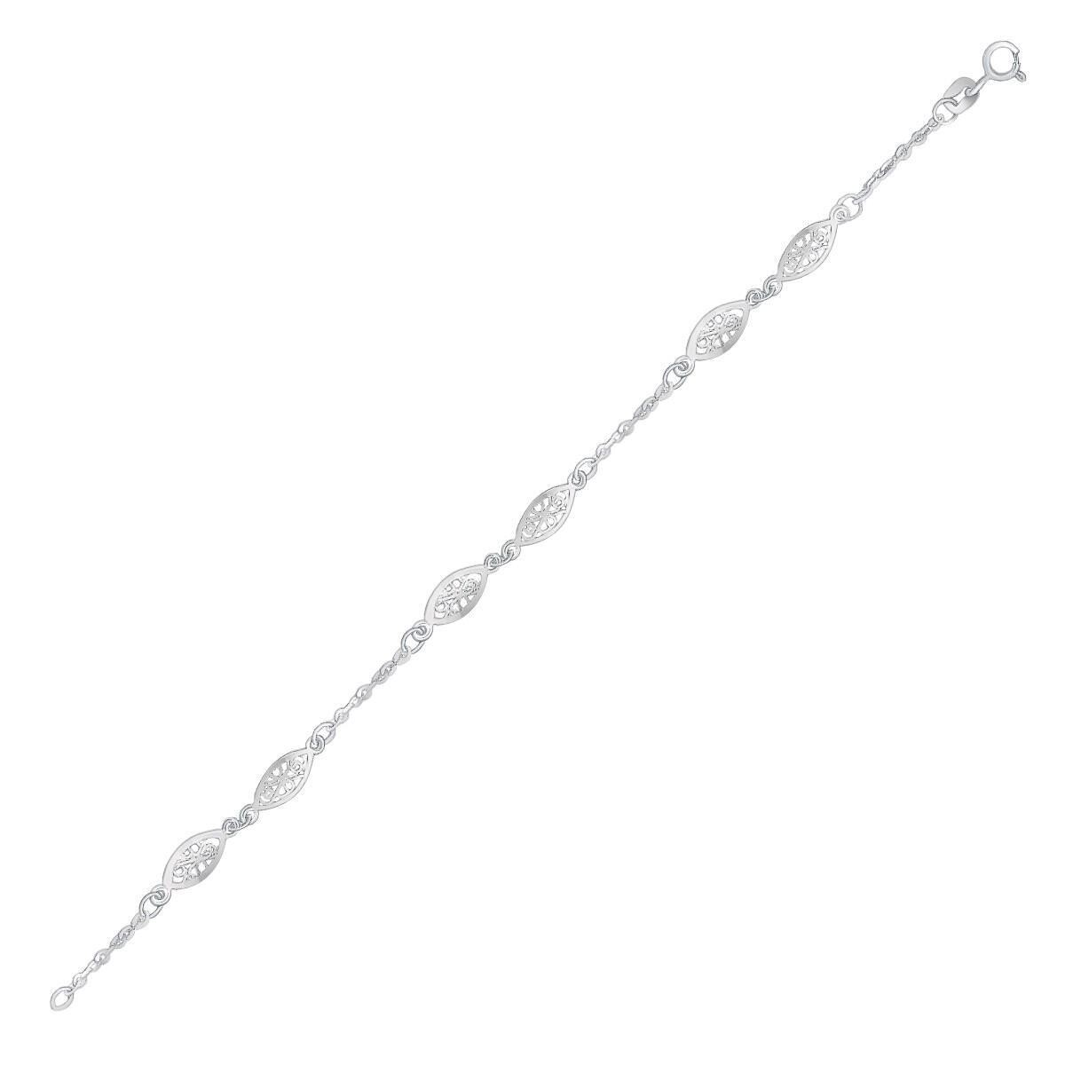 14k White Gold Filigree Marquise Stationed Anklet, Size: 10&quot;