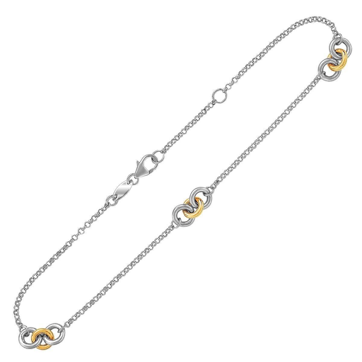 14k Yellow Gold and Sterling Silver Triple Ring Stationed Anklet, Size: 10&quot;